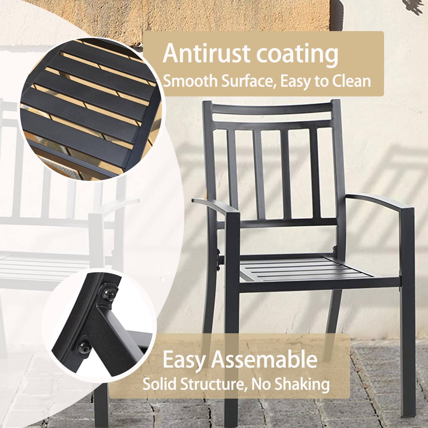 MFSTUDIO 5-Piece Outdoor Patio Dining Set - 4 Stackable Metal Slat Arm Chairs & 1 Square Metal Table - Durable Garden Furniture for Backyard, Lawn, Poolside & BBQ Gatherings
