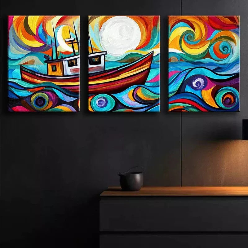 3-Piece Abstract Fishing Trawler Wall Art Set - Framed Canvas Prints 40x60cm - High Quality Australian Made Ready-to-Hang Decor for Living Room, Office & Coastal Home Decor
