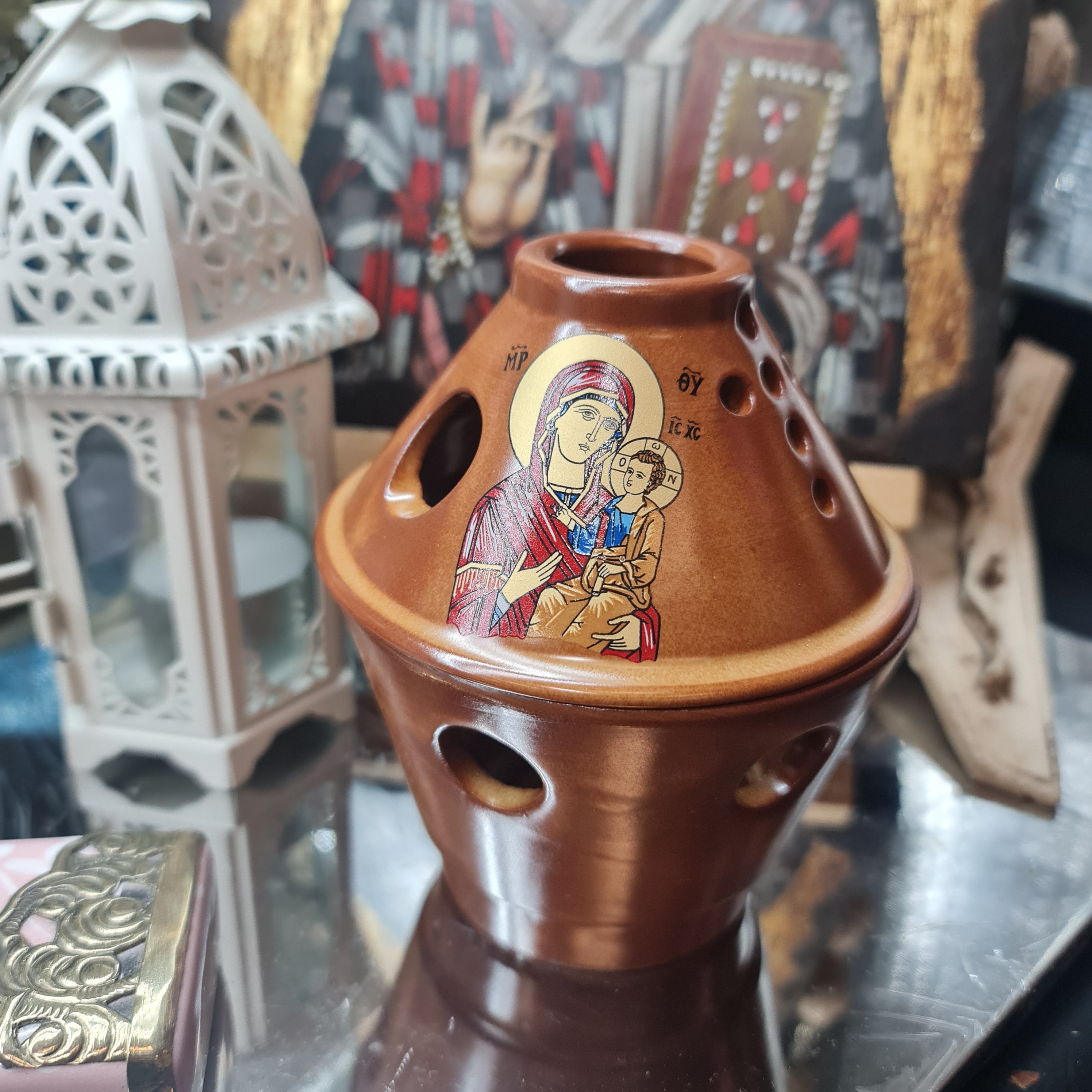 Orthodox Lamp Kandili - Handmade Ceramic Taper Top Brown Candle Holder for Religious Home Decor & Prayer Spaces