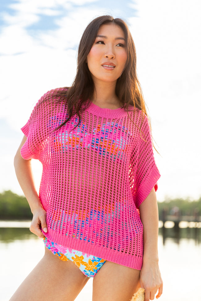 Wave Of Relief Pink Short Sleeve Open Knit Cover Up Sweater - Lightweight Summer Beachwear for Women, Perfect for Poolside, Vacation & Casual Outings
