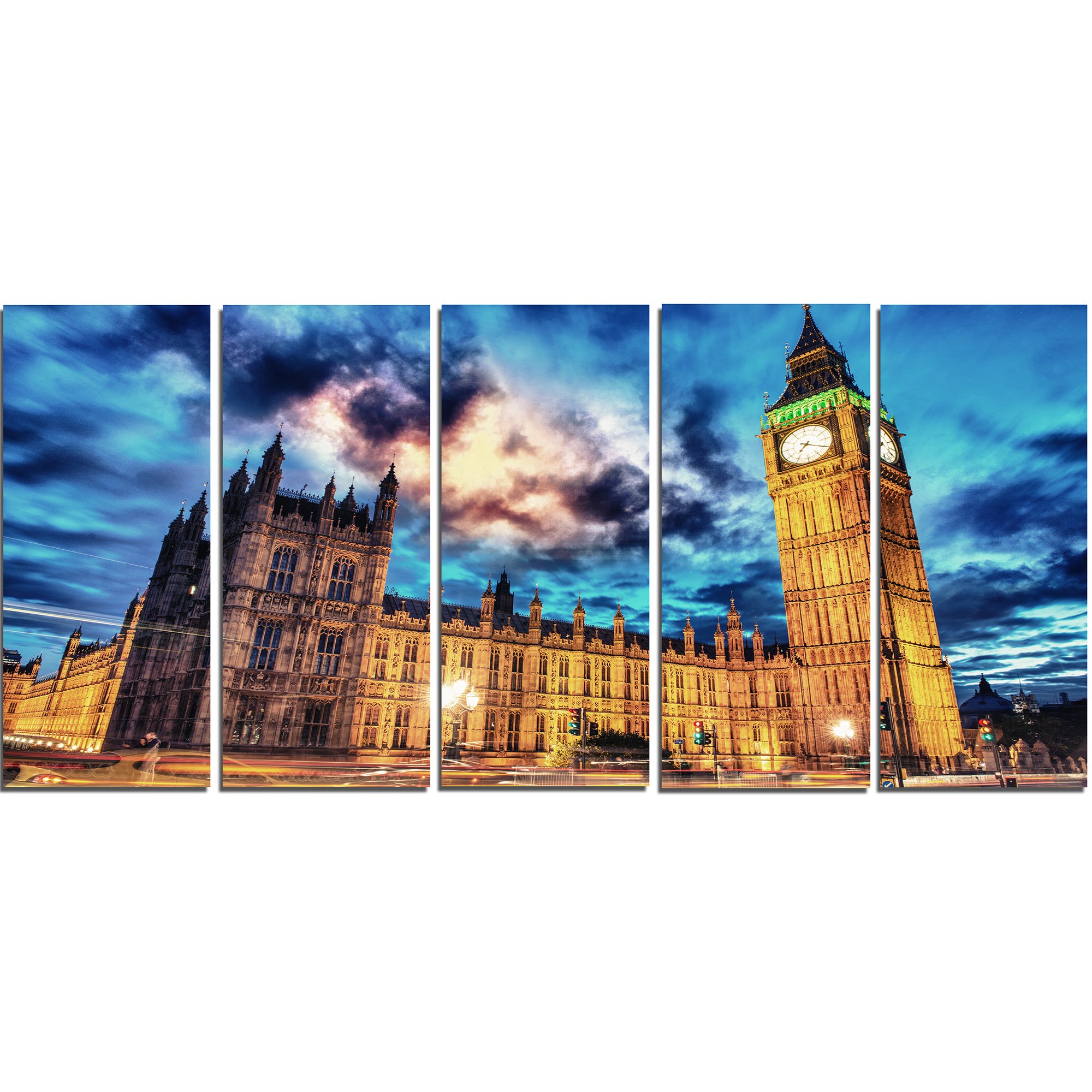 Designart Big Ben and House of Parliament Cityscape Photo Canvas Print - 60x28.5 Inches - 5 Panel Wall Art Decor for Living Room, Office & Bedroom