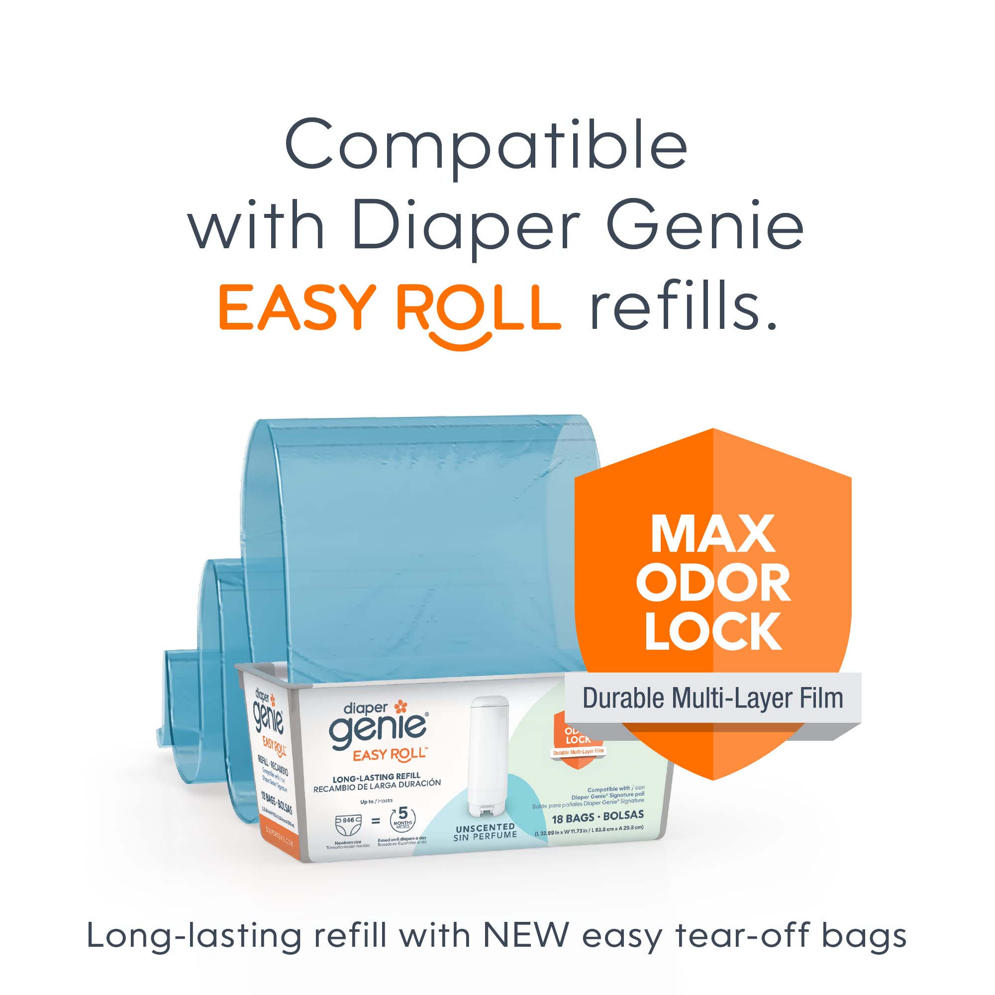 Diaper Genie Signature Diaper Pail with 1 Easy Roll Refill (18 Bags) | Holds 846 Newborn Diapers | Odor Control for Nursery, Baby Room & Daycare | Convenient Diaper Disposal Solution for Parents