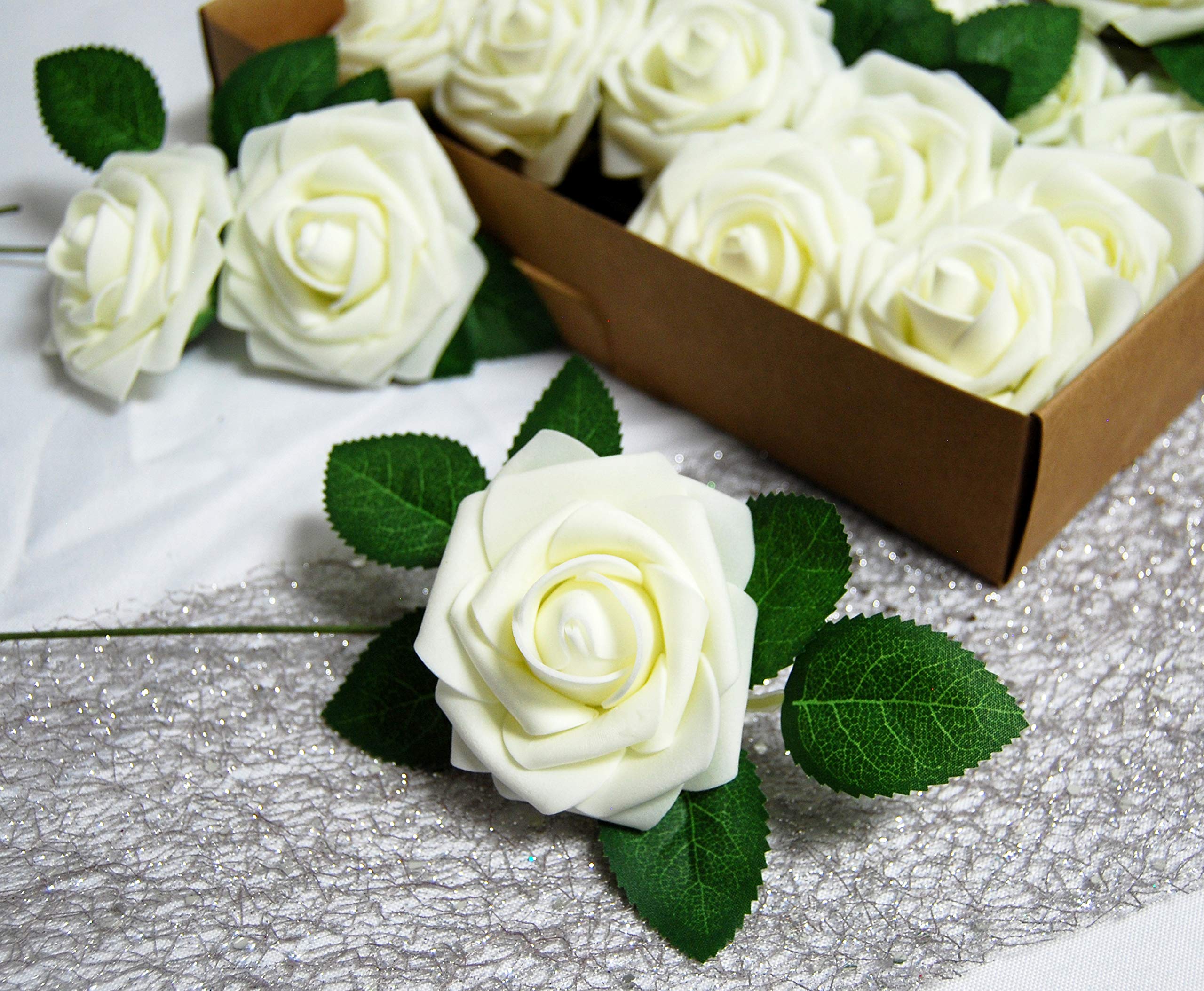 Evershine 25-Pack Realistic Artificial Foam Roses with Stems - Ivory White DIY Wedding Bouquets, Bridal Shower, Home Decor & Party Decoration