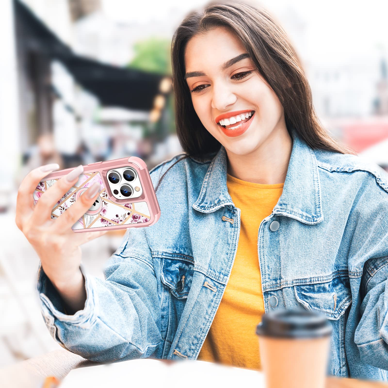 Hython Glitter Bling Shockproof iPhone 13 Pro Max Case - Heavy Duty 3-in-1 Hybrid Hard PC & Soft TPU Bumper Defender Protective Cover for Women & Girls (Floral/Marble Design) - Perfect for Daily Use, Travel & Gift Giving