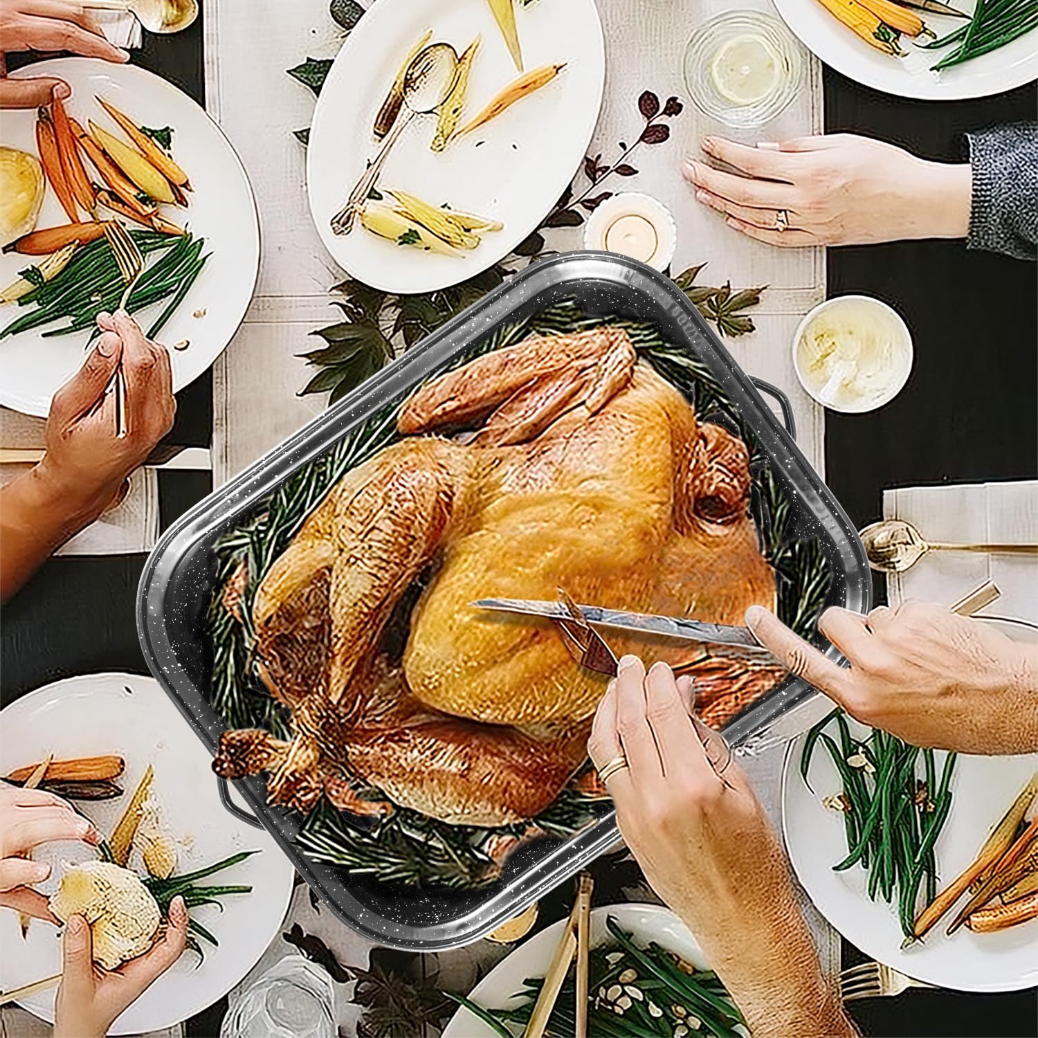 21 Inch Extra Large Roasting Pan with V-Rack & Lid - 25 lb Capacity Heavy Duty Rectangular Turkey Roaster for Baking, Grilling & Holiday Cooking - Perfect for Thanksgiving, Christmas & Family Gatherings
