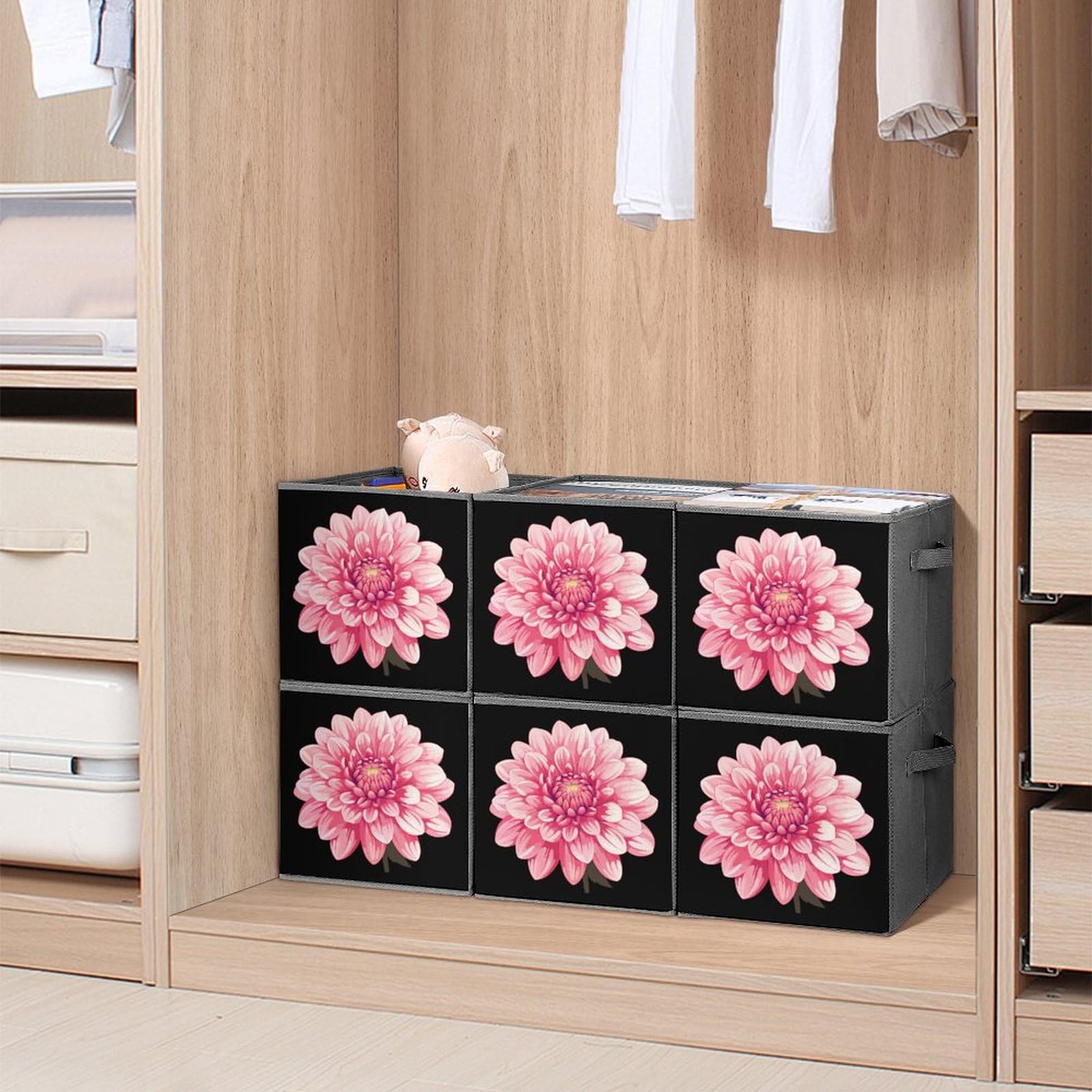 6-Pack Foldable Storage Cubes with Handles - Dahlia Flower Pattern Square Fabric Bins for Closet, Nursery, Office & Home Organization