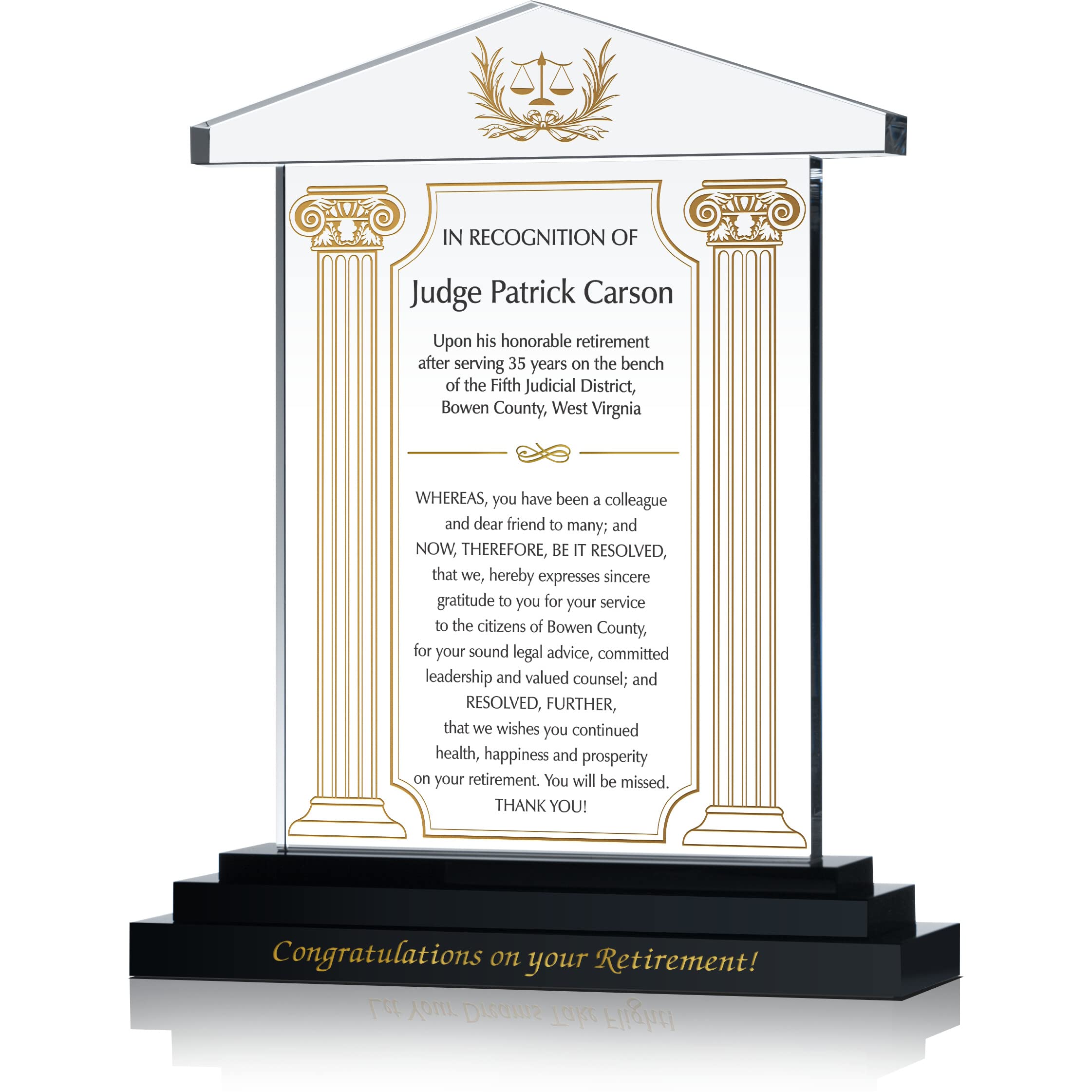 Personalized Judge Retirement Gift Plaque - Custom Engraved with Name, Date & Message - 12