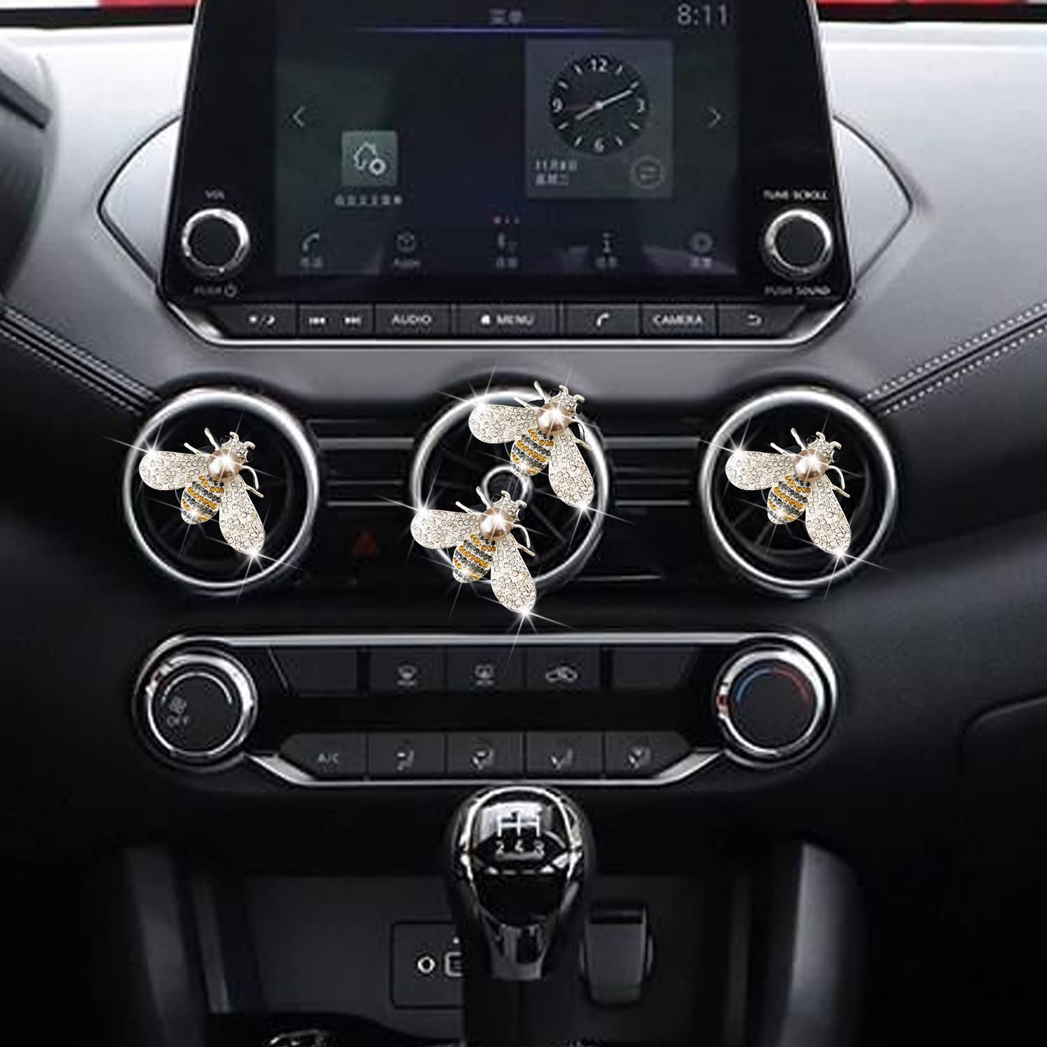 Bling Bee Air Vent Clips - 4 Pack Crystal Bee Car Air Fresheners & Diffusers - Rhinestone Car Decor for Women - Elegant Interior Accessories + Free Sunflower Mask Hook - Perfect for Cars, Office & Gifts