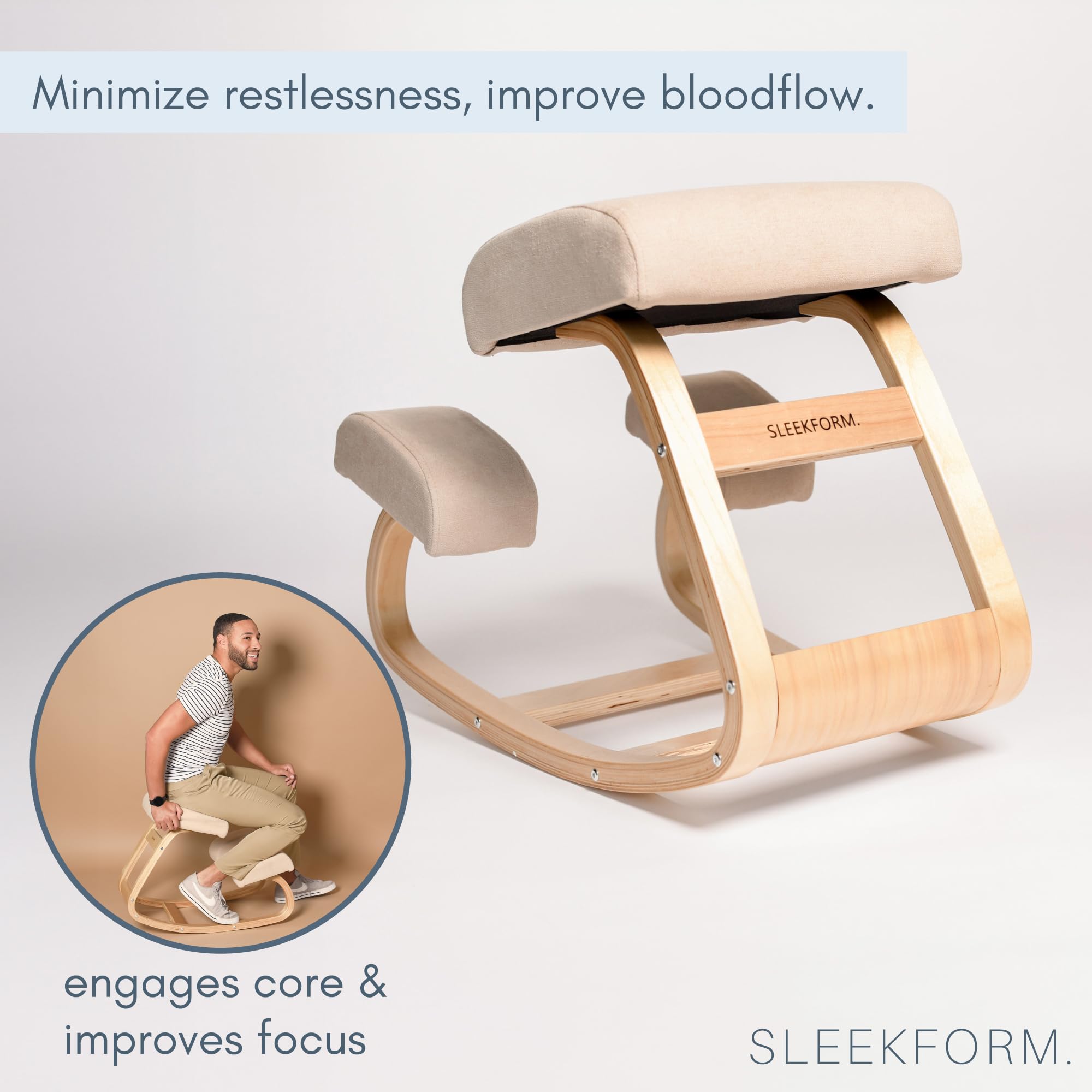 Sleekform Ergonomic Kneeling Chair with Comfortable White Cushions - Adjustable Wooden Rocking Stool for Home Office, Meditation & Active Sitting - Improves Posture for Work & Study