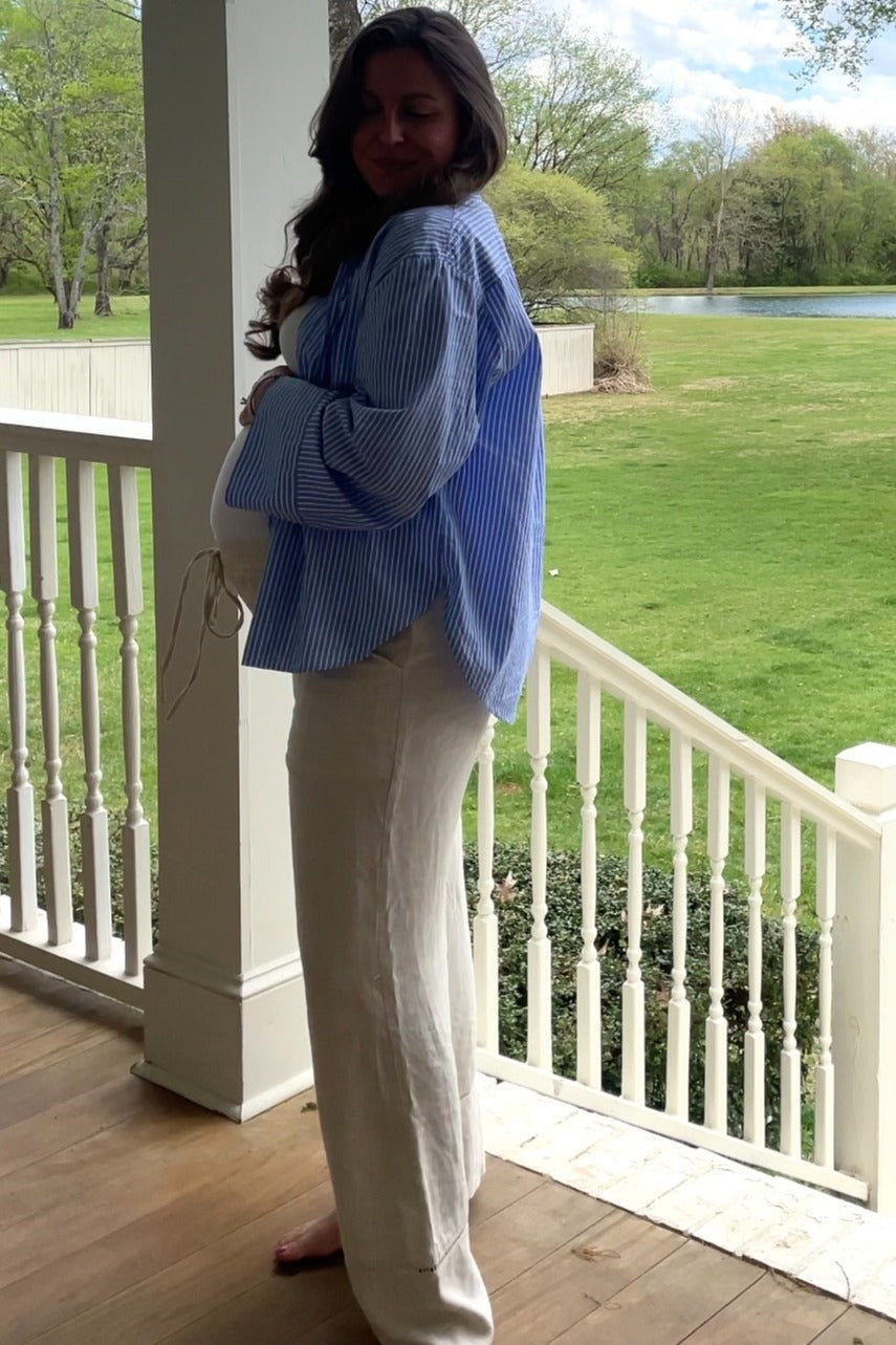 Beige Linen Maternity Pants Wide Leg with Lace Trim - Comfortable Pregnancy Pants for Work, Casual & Nursing Mothers
