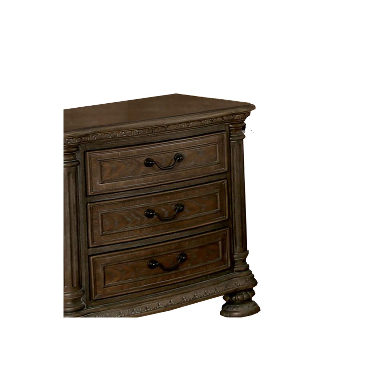 Benjara Brown Wooden Nightstand with 3 Drawers & Intricate Carvings - Rustic Bedroom Side Table for Bedside Storage & Home Decor