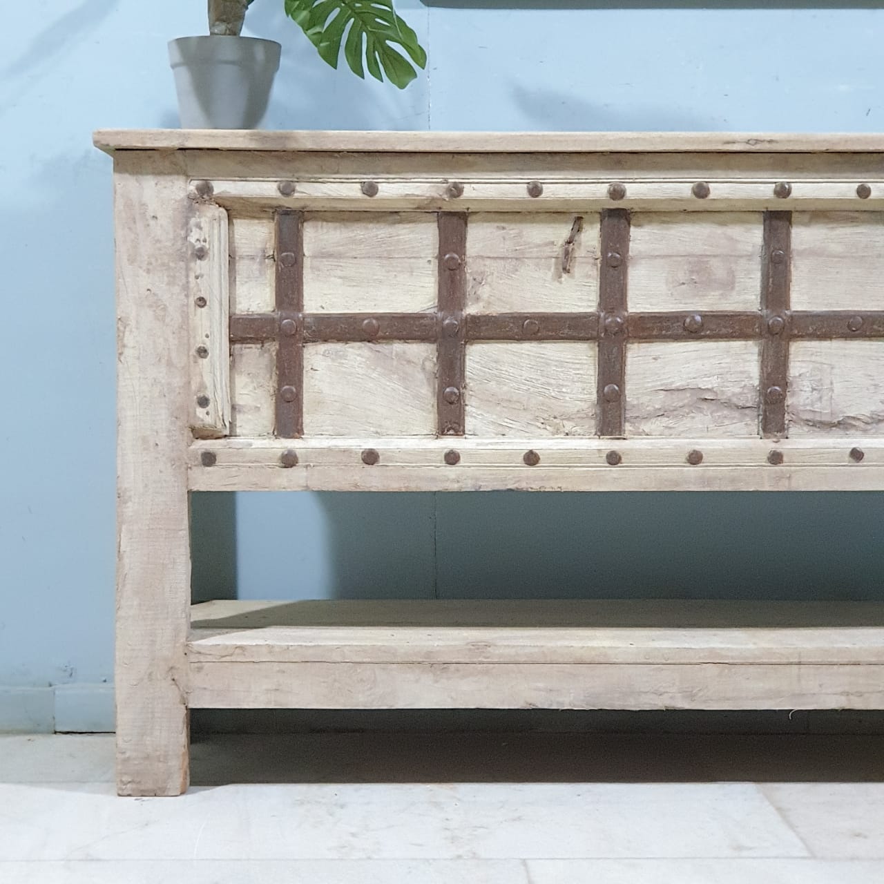 Handmade Carved Solid Hardwood Console Table with Iron Fittings - 64.5