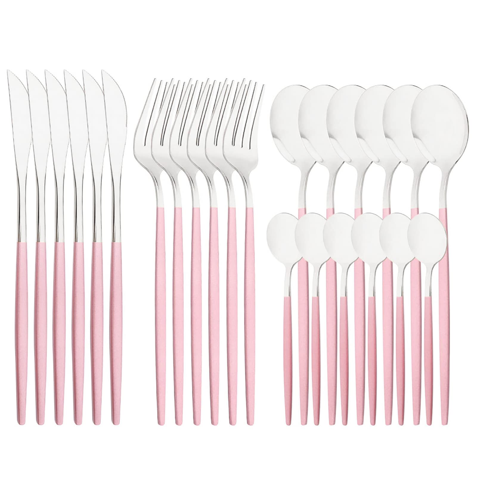 24-Piece Mirror Cutlery Serving Set - 18/0 Stainless Steel Silverware with Pink Handle - Modern Tableware for Home, Party, Restaurant & Christmas Dinner - Service for 6 (Pink Silver) - Perfect for Wedding Gifts, Bridal Showers & Elegant Dining