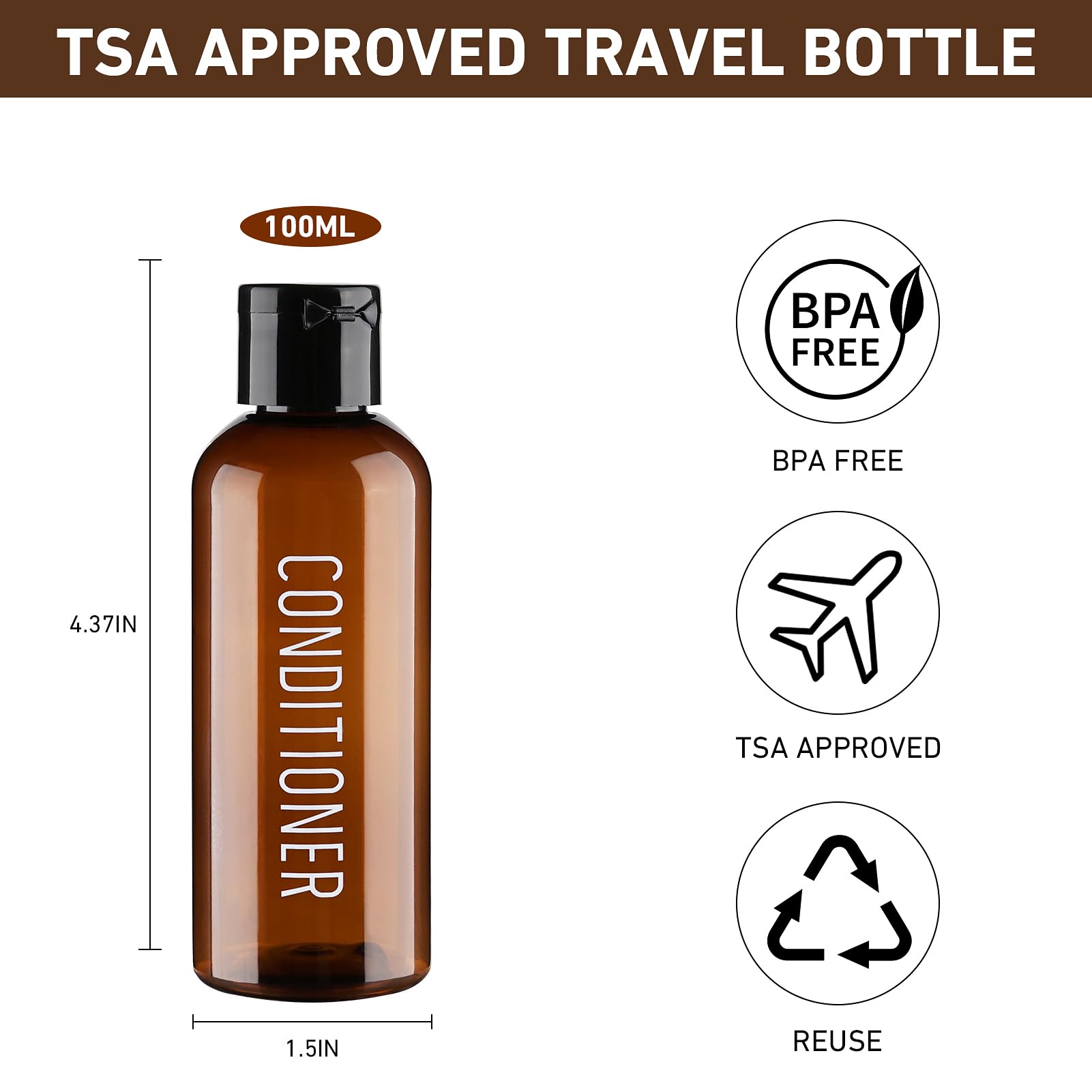 6 Pack 3.4oz TSA Approved Leak Proof Travel Bottles for Shampoo, Conditioner & Toiletries | Reusable Plastic Squeeze Containers | Perfect for Airplane Carry-On, Gym & Vacation Essentials (Brown)
