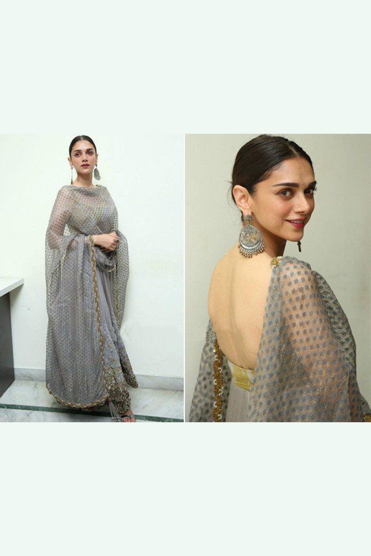 Aditi Rao Hydari Gray Organza Anarkali Kurta Set with Palazzo Pants - Elegant Indian Ethnic Wear for Women - Perfect for Weddings, Festivals & Special Occasions