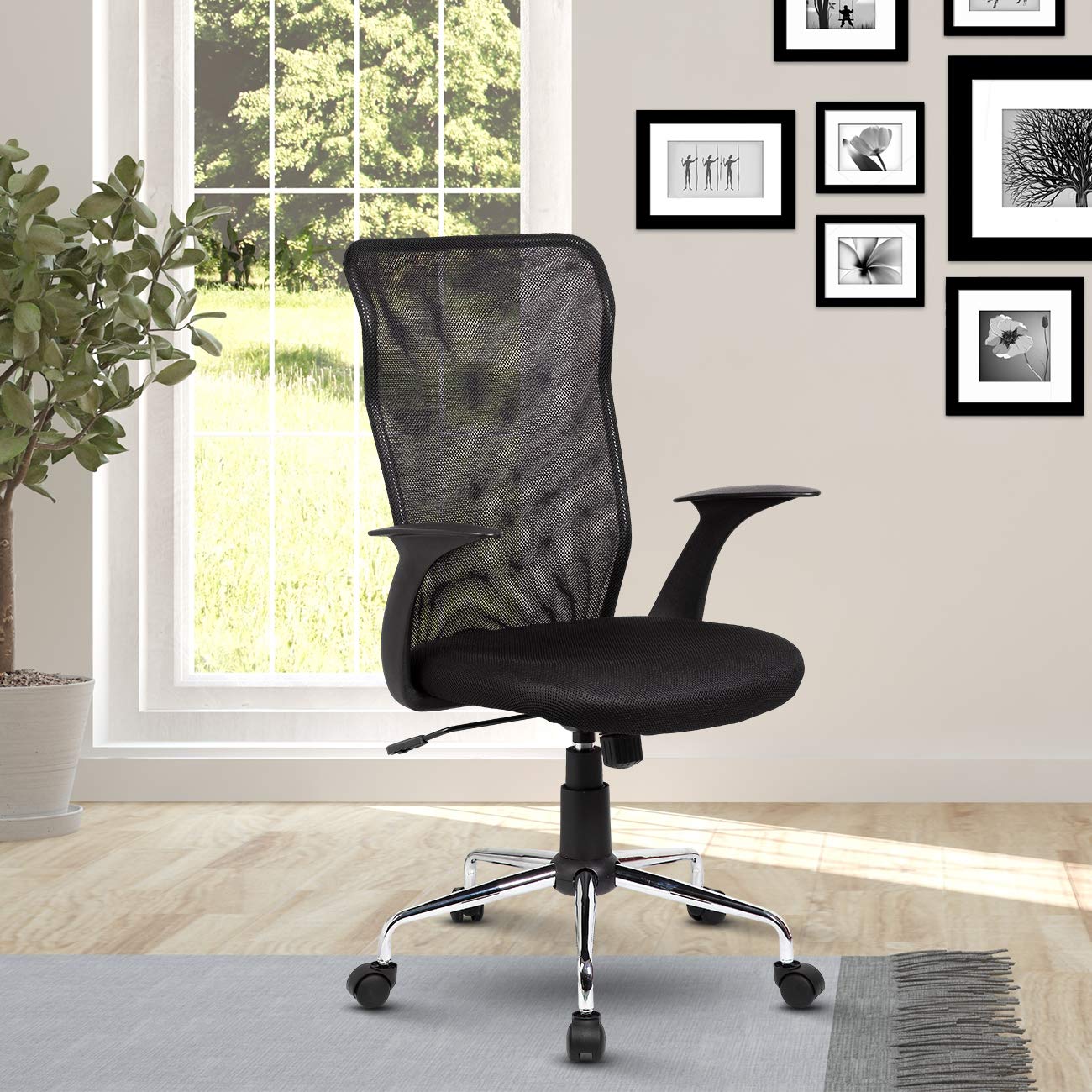 Ergonomic Mesh Office Chair with Wheels & Adjustable Arms - 360-Degree Swivel Medium Back Support - Black - Perfect for Home Office, Gaming & Workspaces
