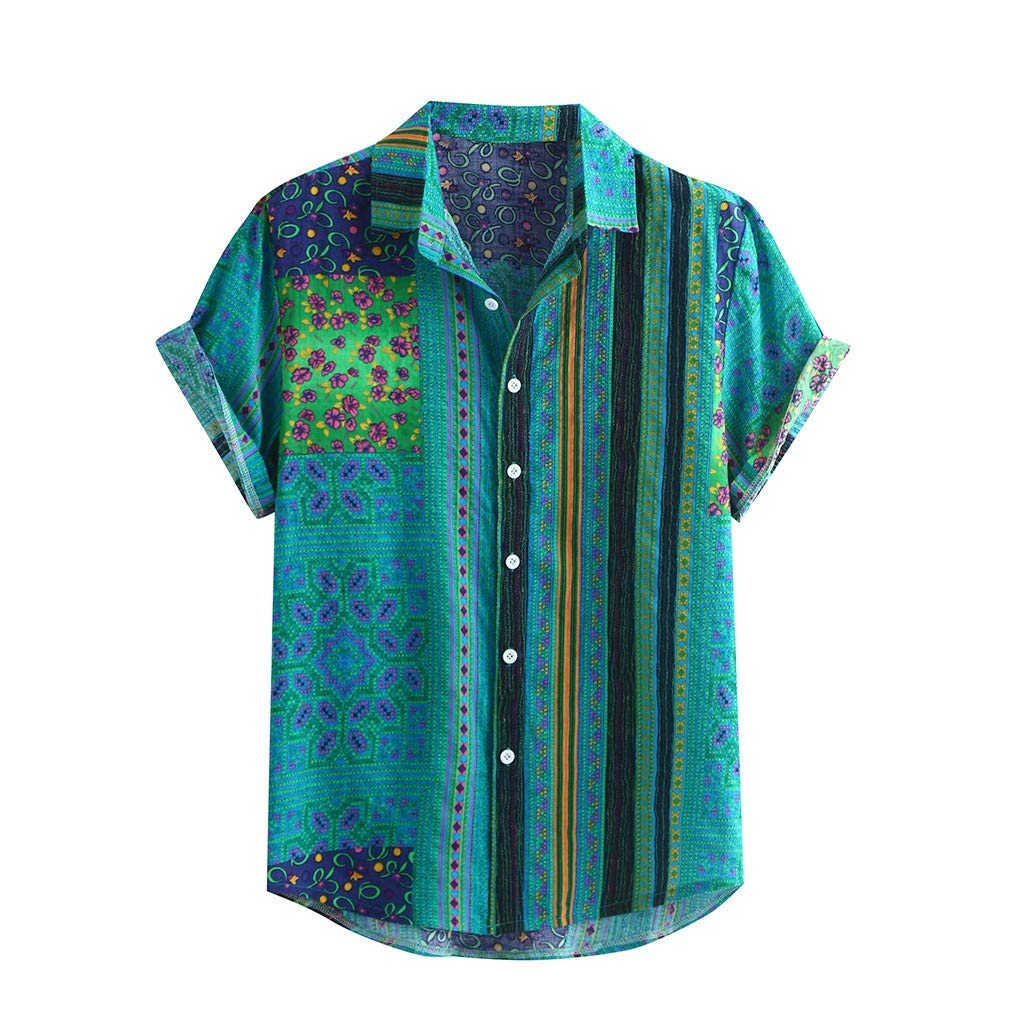 Fxbar Men's Black Button-Up Dress Shirt with Colorful Stripe Sleeves - Loose Fit Short Sleeve Casual Shirt for Summer | Office Wear & Outdoor Activities