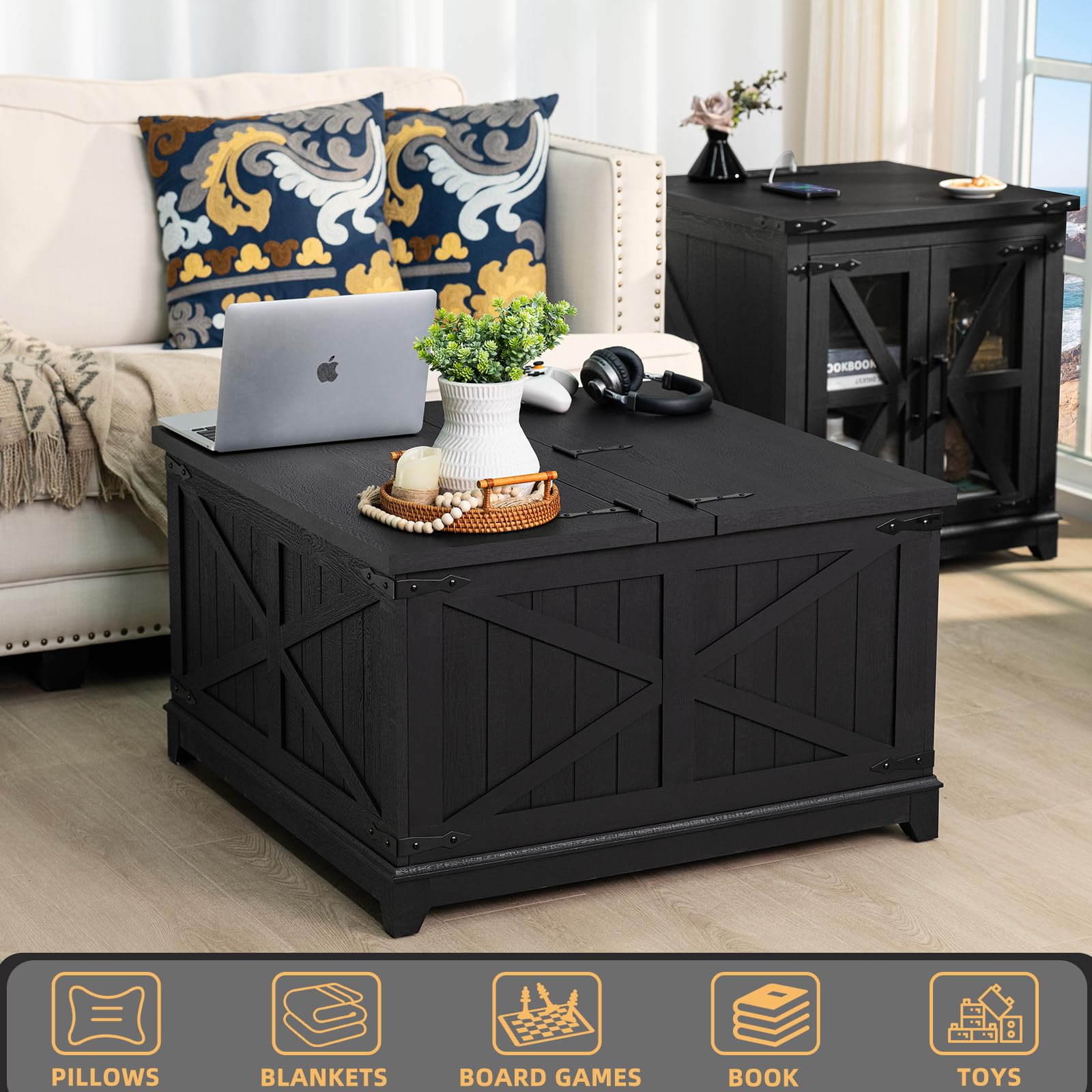 3-Piece Farmhouse Coffee Table Set with Charging Station & Hidden Storage - Large End/Side Tables & Coffee Table - Black Wood Living Room Furniture for Home, Office & Family Gatherings