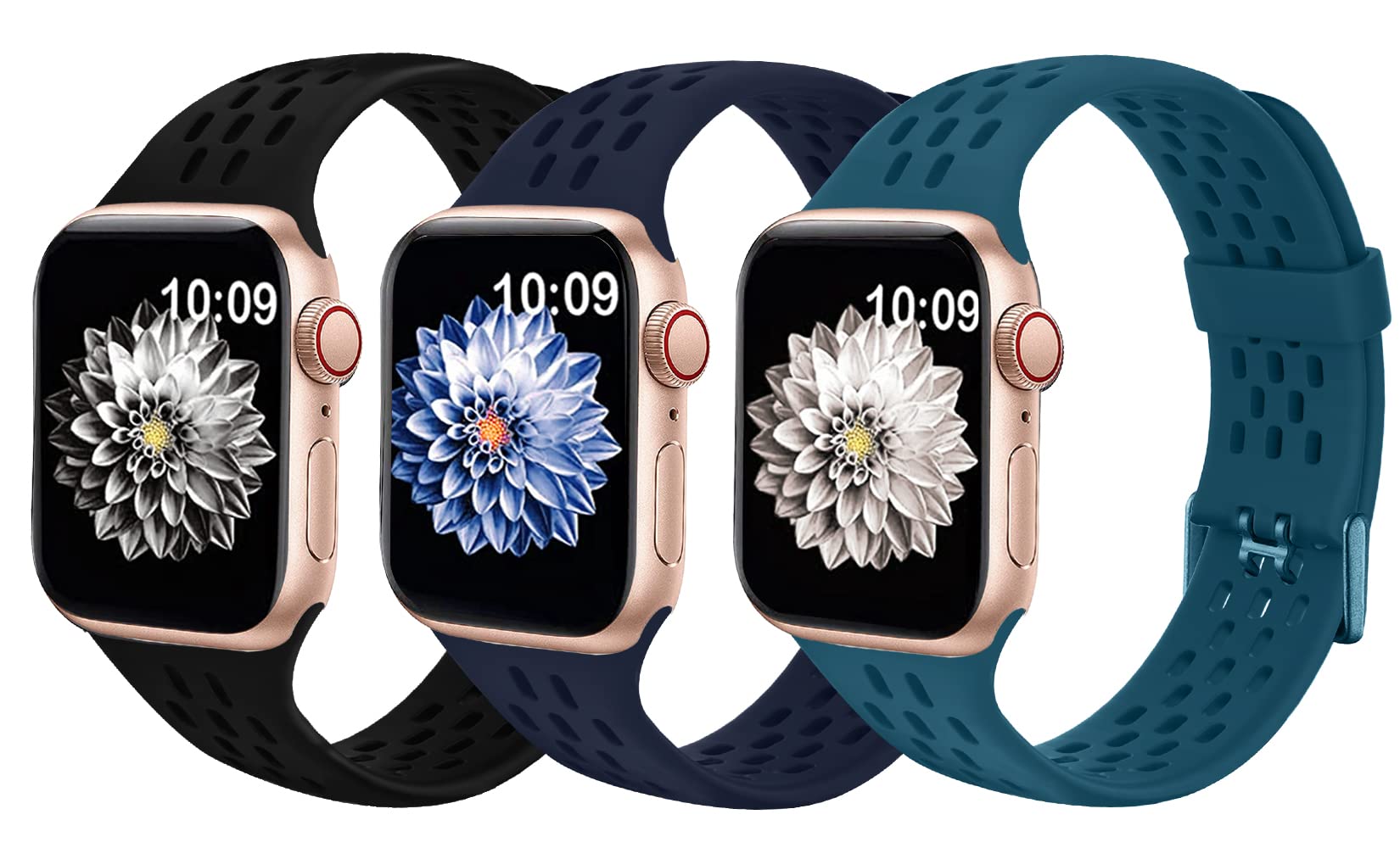 Premium Silicone Apple Watch Bands 45mm 44mm 42mm - 3 Pack Breathable Sport Strap for iWatch SE Series 7/6/5/4/3/2/1 - Black/Blue/RockBlue for Men & Women - Perfect for Gym, Running & Everyday Wear