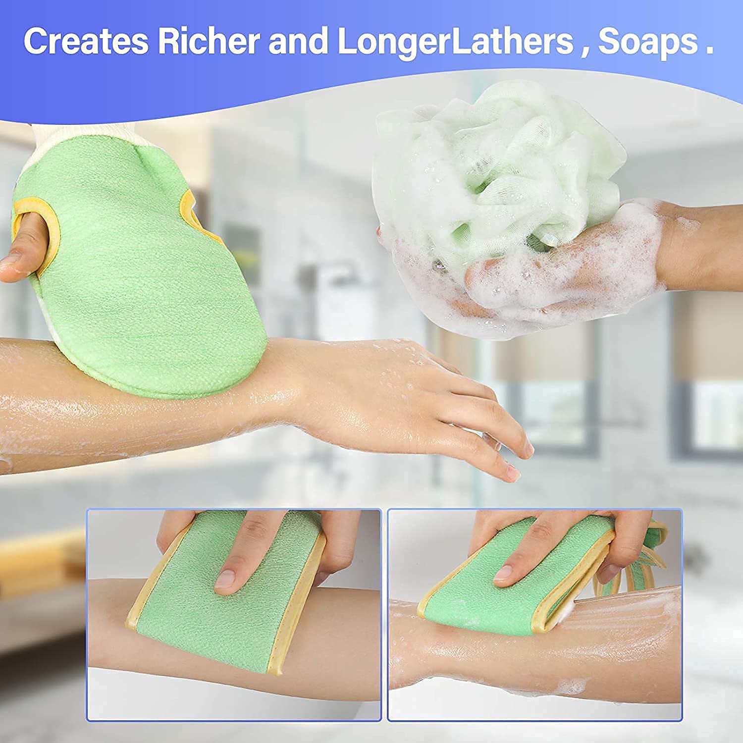 Keskriva Exfoliating Bath Gloves & Loofah Set - 3PCS Body Scrubber for Dead Skin Removal, Double-Sided Shower Sponge - Easy Clean Back Scrubber for Men & Women - Perfect for Deep Cleansing & Spa Days at Home