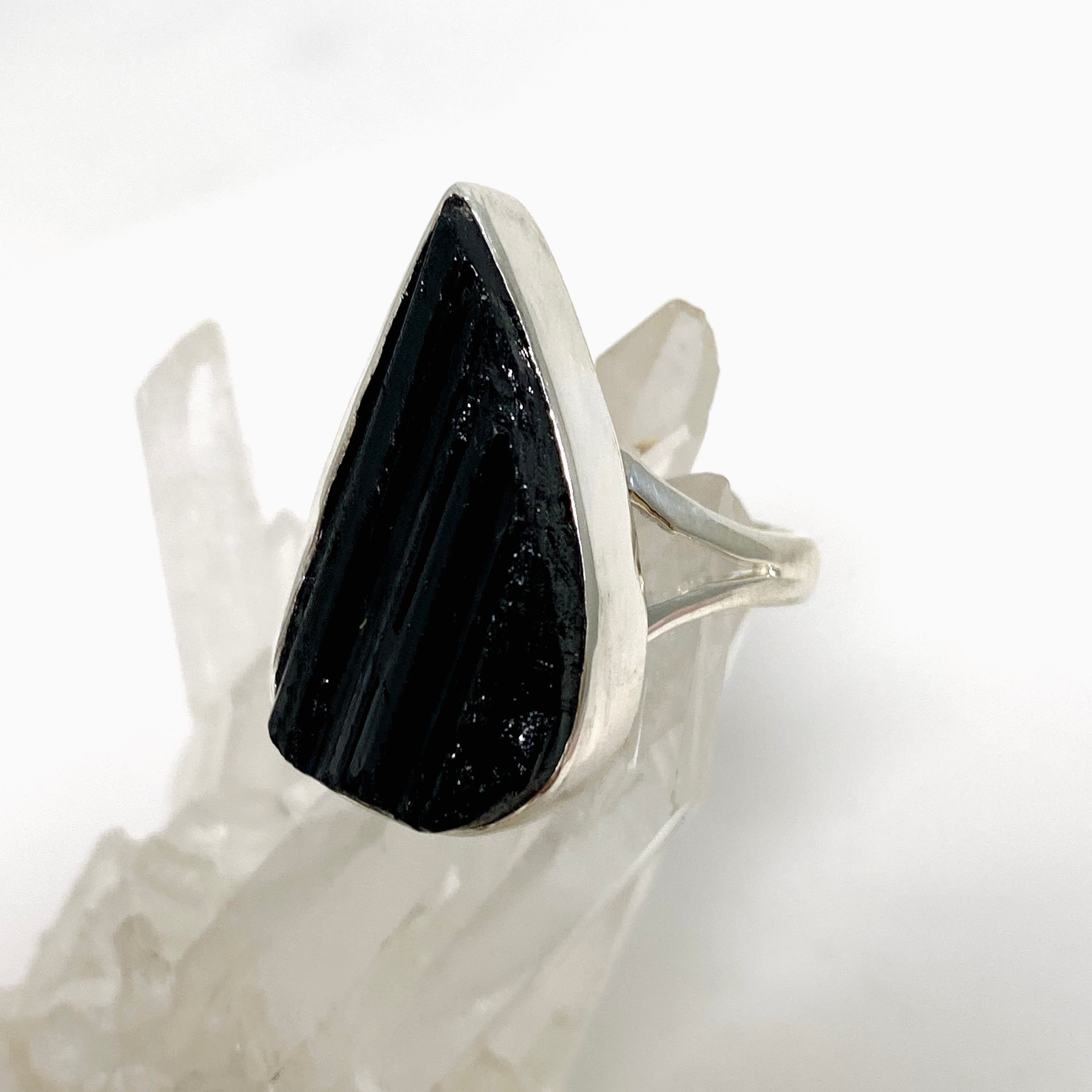Black Tourmaline Teardrop Raw Split Band Ring - Size 10 - Natural Gemstone Jewelry for Women - KRGJ3276 - Perfect for Healing, Protection & Spiritual Energy in Daily Wear