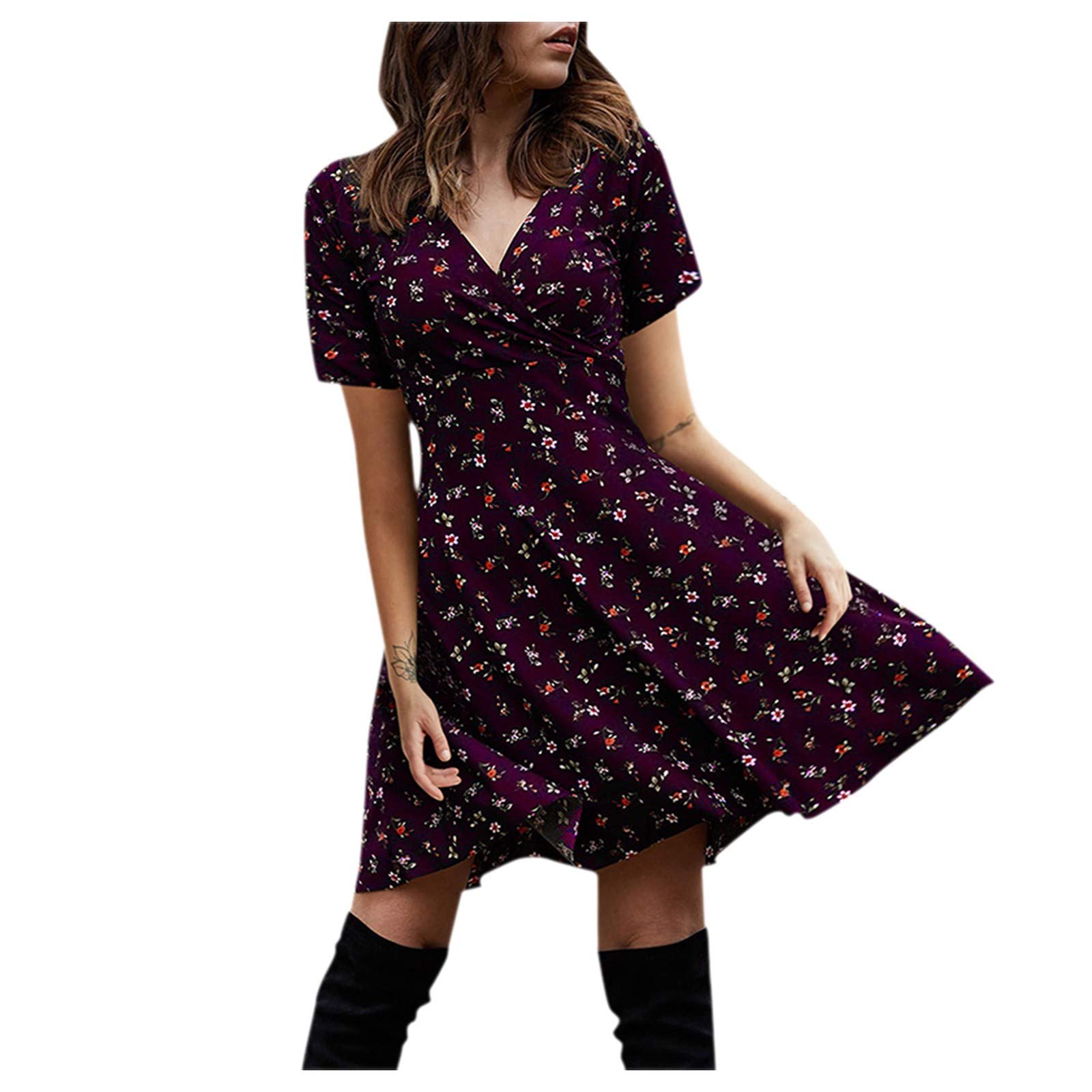 Blue and White Floral Print Casual Short Dress - Elegant Retro Sleeve Women's Party Robe for Club Night, Date Night & Summer Outings