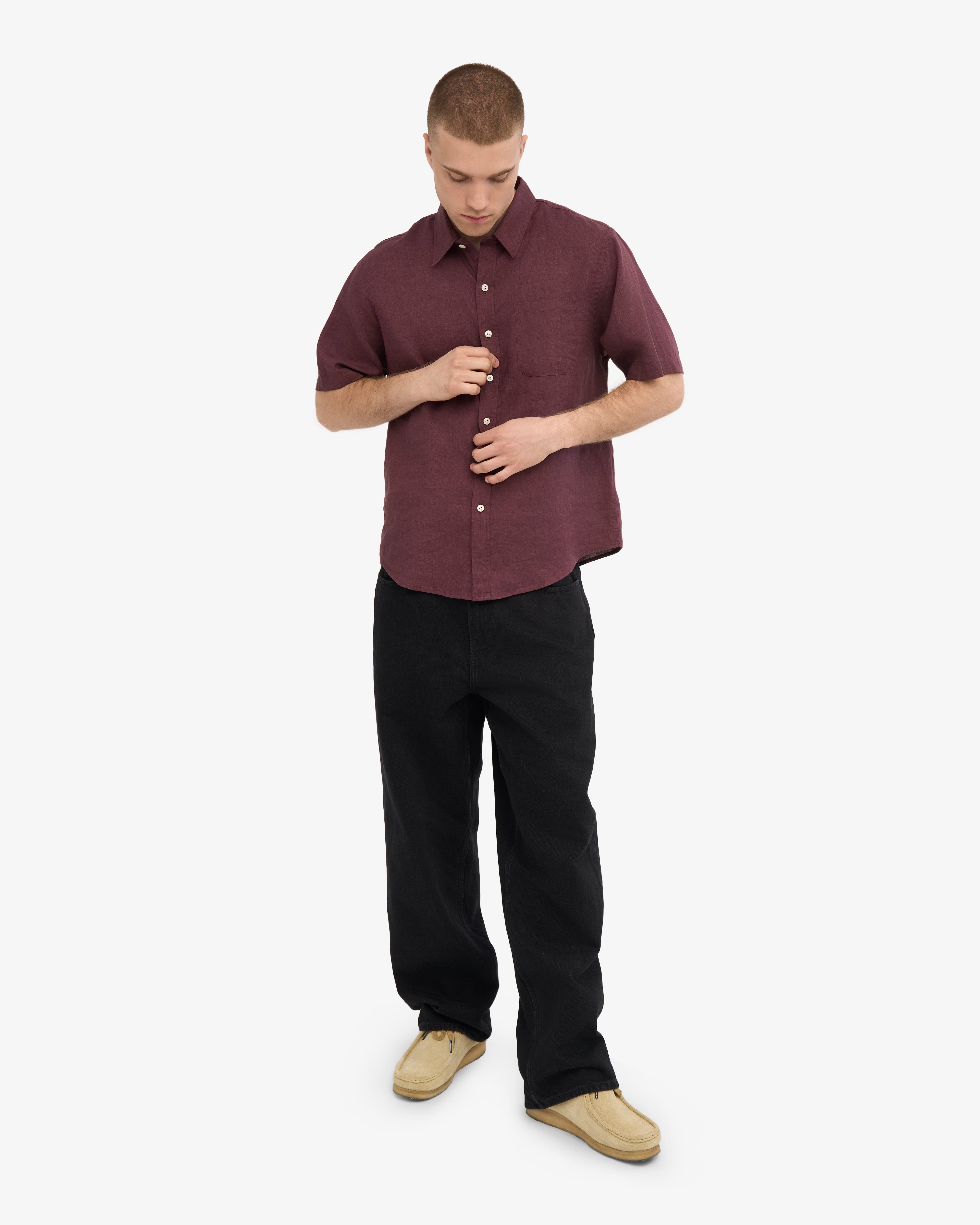 Premium Linen Short Sleeve Shirt for Men - Oxblood Red | Breathable Summer Casual Wear | Perfect for Beach, Vacation & Outdoor Activities