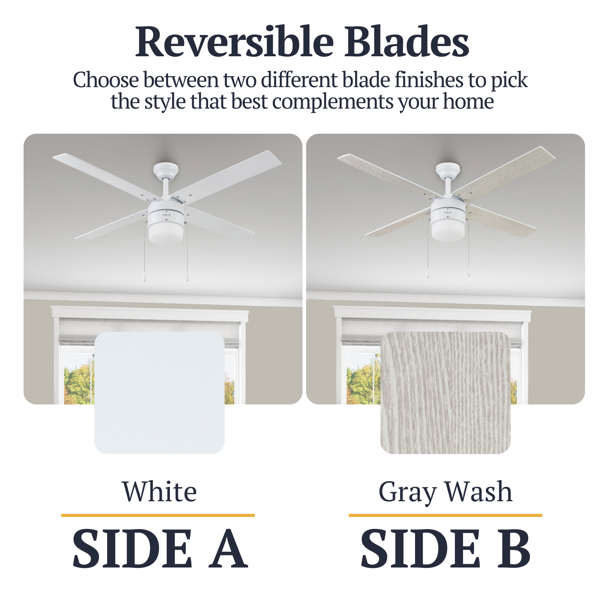 52 Inch White Ceiling Fan with Pull Chain - Modern & Energy Efficient for Living Room, Bedroom, or Office