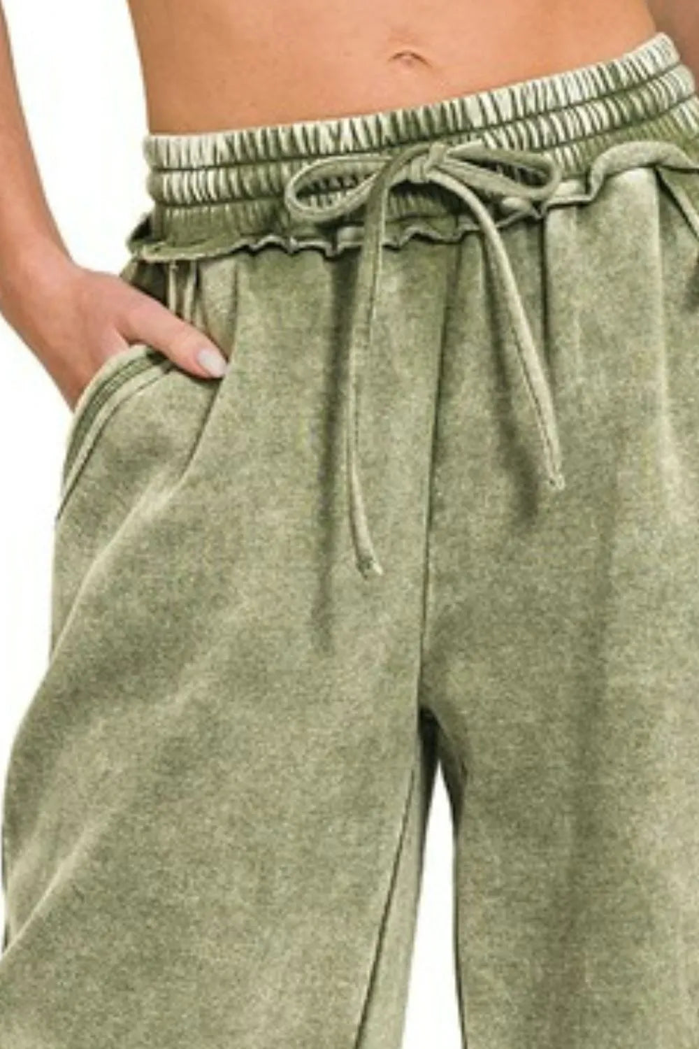 Full Size Acid Wash Olive Fleece Palazzo Sweatpants with Pockets - Women's Comfortable Lounge Pants for Yoga, Travel & Casual Wear