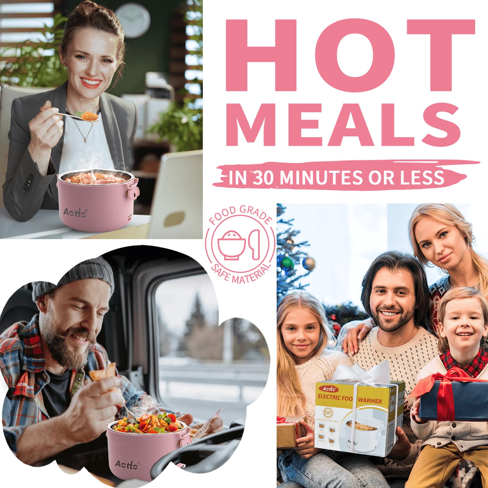 Aotto 32oz Electric Lunch Box - Portable Food Warmer for Office, Car & Travel - 12V/24V/110V 3-in-1 Heater - Leak-Proof Soup & Meal Warmer - Perfect Gift for Men & Women (Pink) - Ideal for Commuting, Road Trips & Workplace Lunch Heating