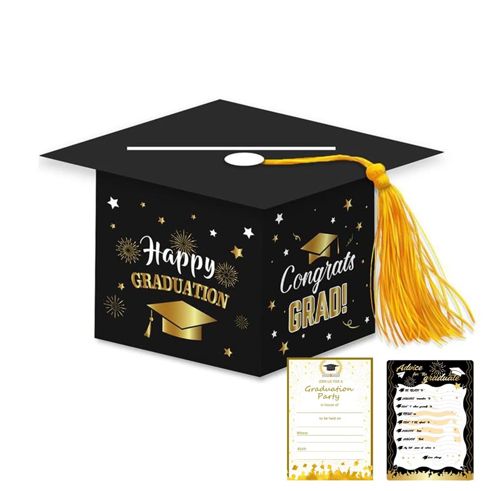 2022 Graduation Card Box with Tassel - Black Graduation Cap Card Holder for Ceremony & Party Supplies (Includes 24 Invitation Cards + 24 Message Cards) - Perfect for Graduation Celebrations, School Events & Gift Giving