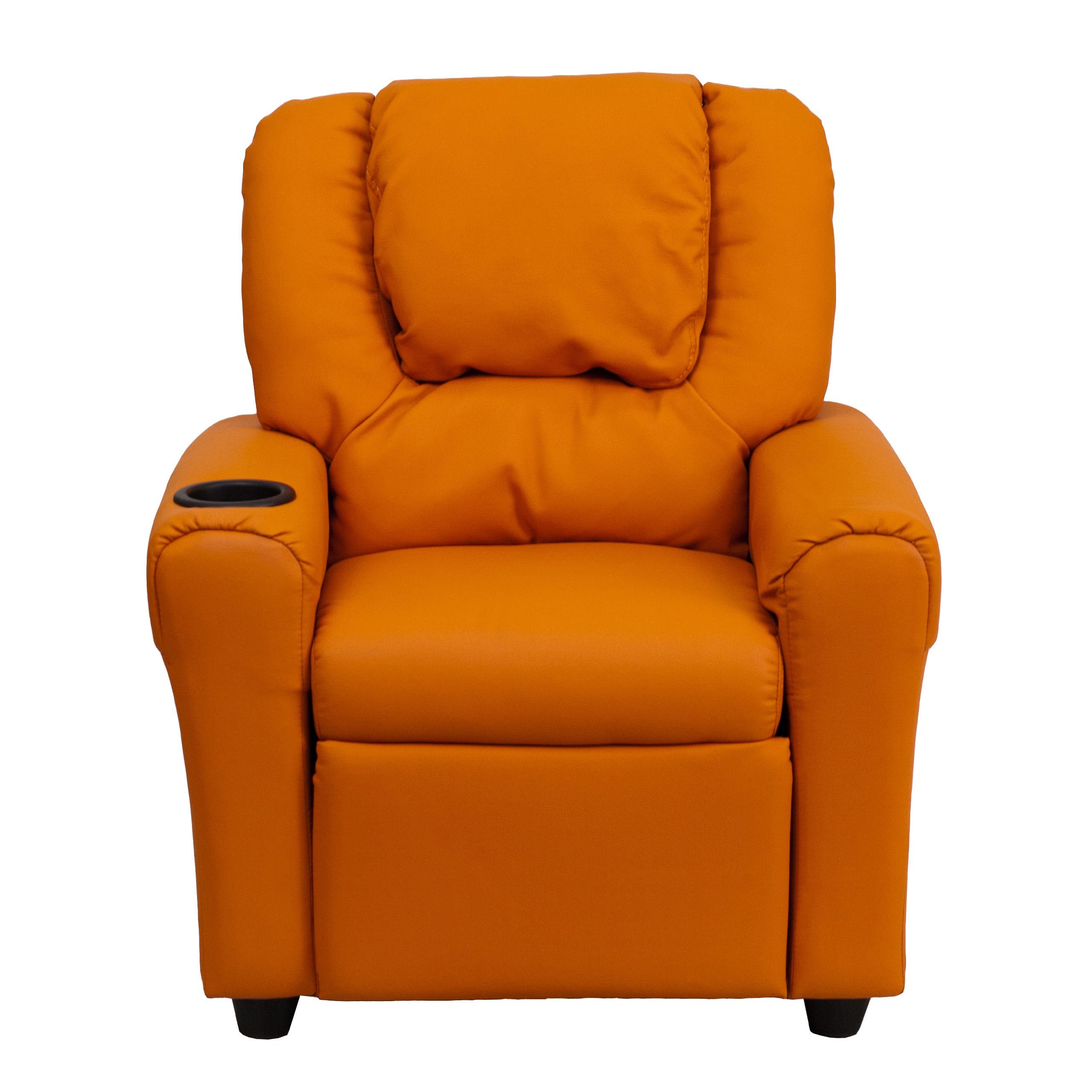 Kids Recliner Chair with Cup Holder & Headrest - Soft Orange Vinyl for Playroom, Bedroom or TV Room - Comfortable Children's Furniture for Reading & Relaxing