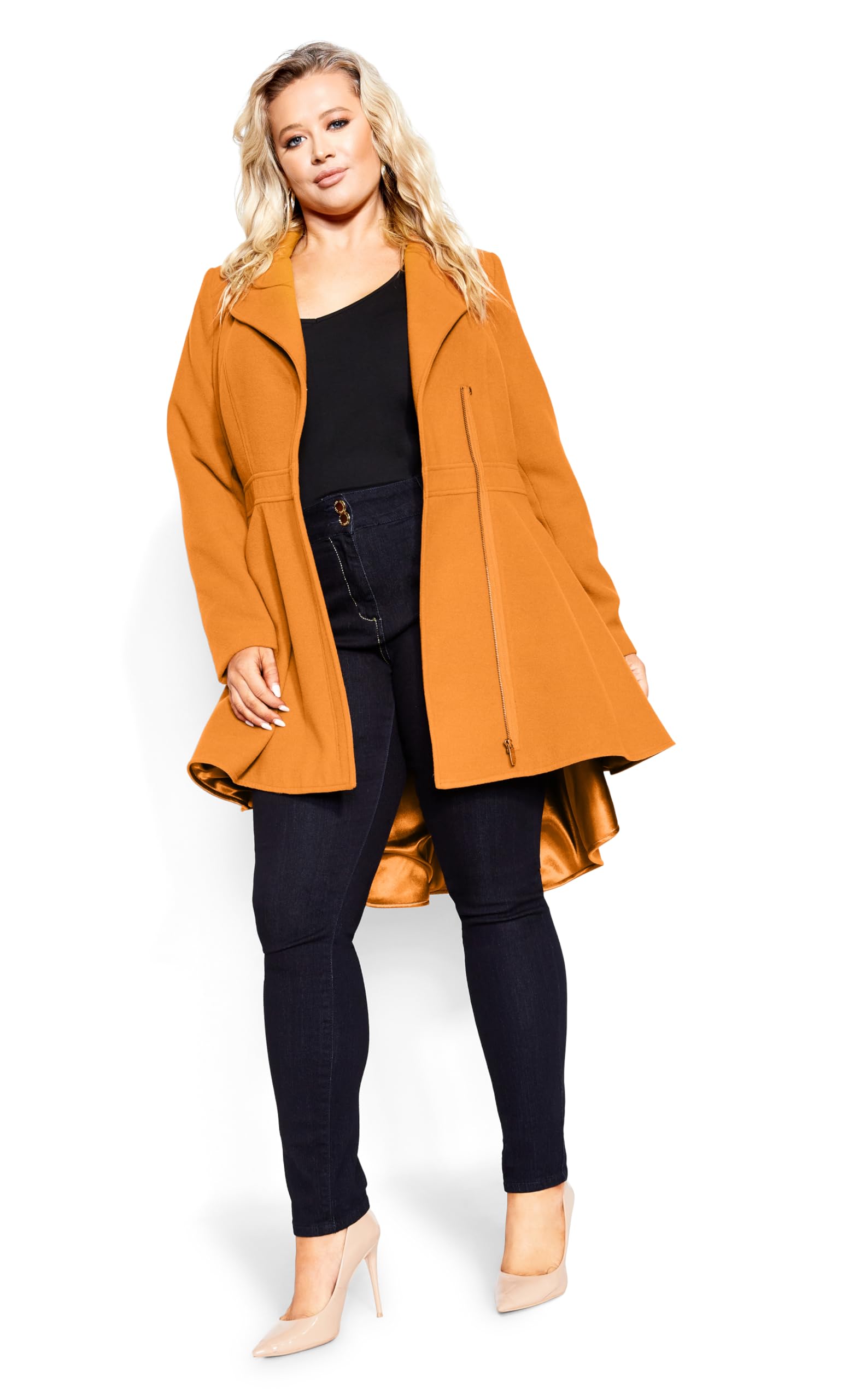 Stylish Plus Size Women's Coat with Hi-Lo Hem & Frill Details - Trendy Outerwear for City Chic Fashion | Perfect for Work, Date Night & Fall/Winter Layering