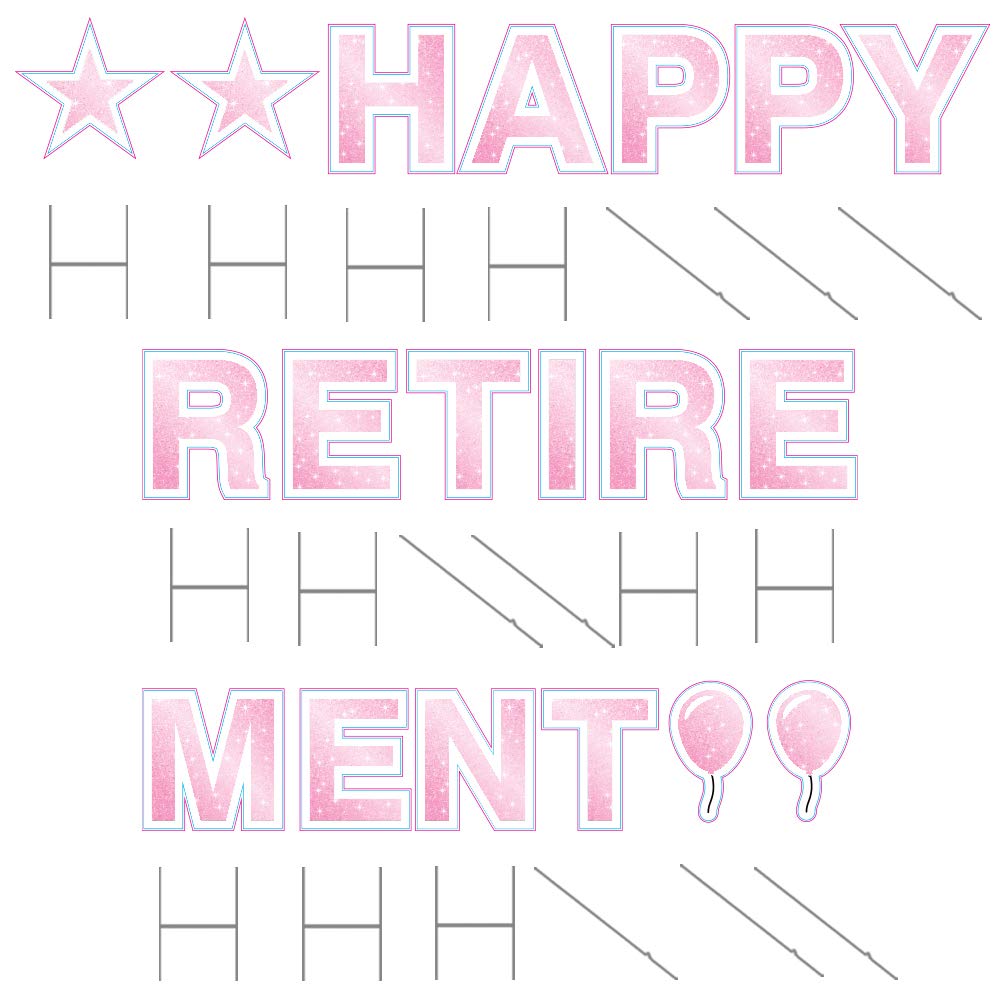Happy Retirement Yard Sign - 18in Tall with Stakes & Emojis - Durable Corrugated Plastic - Retirement Party Decorations - Faux Glitter Pink - Perfect for Outdoor Celebrations, Backyard Parties & Retirement Gifts