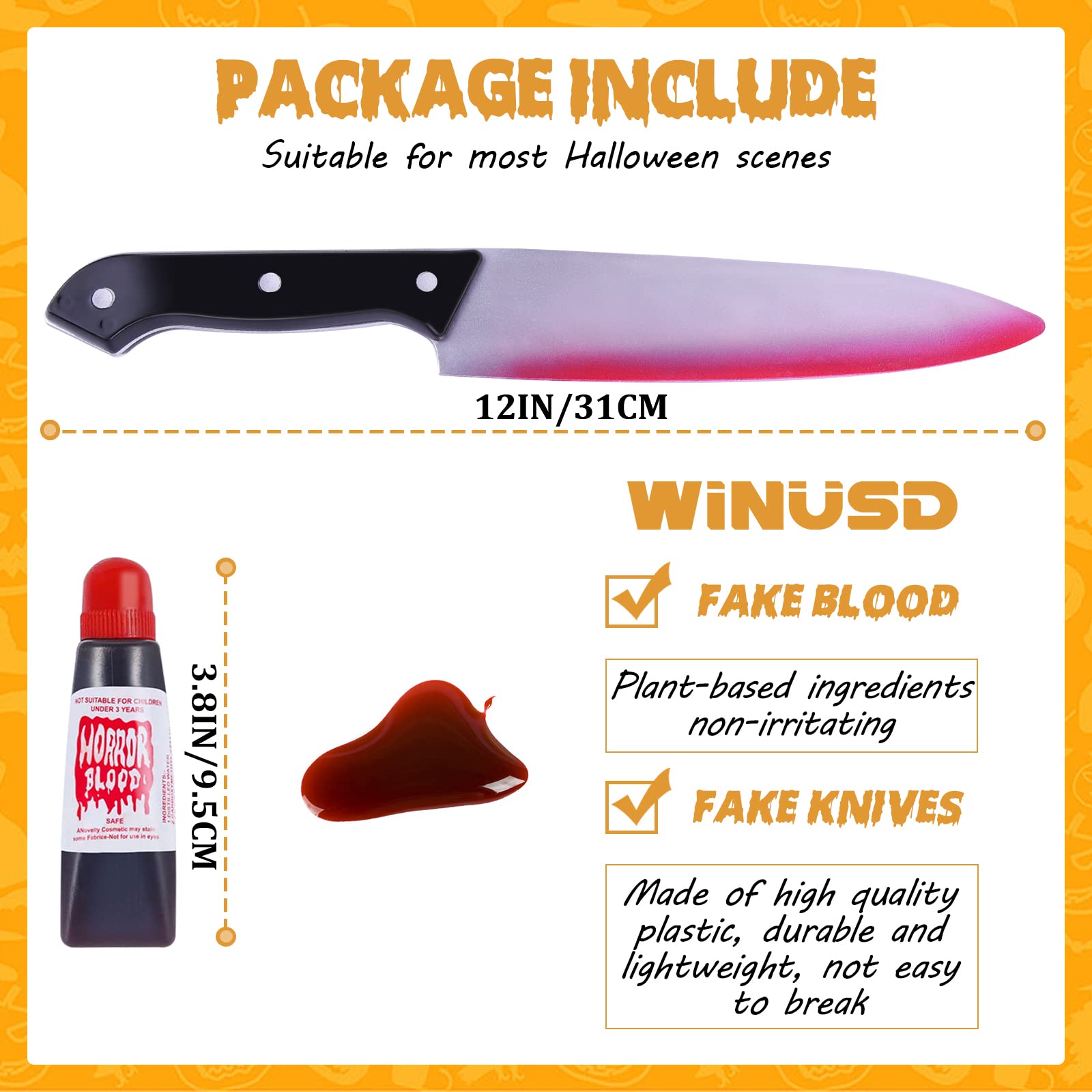 2PCS Halloween Fake Knife Prop Set with Fake Blood - Scary Bloody Knife for Halloween Costume, Scream Party Decor, April Fool's Prank - Perfect for Horror Themed Parties & Cosplay Accessories