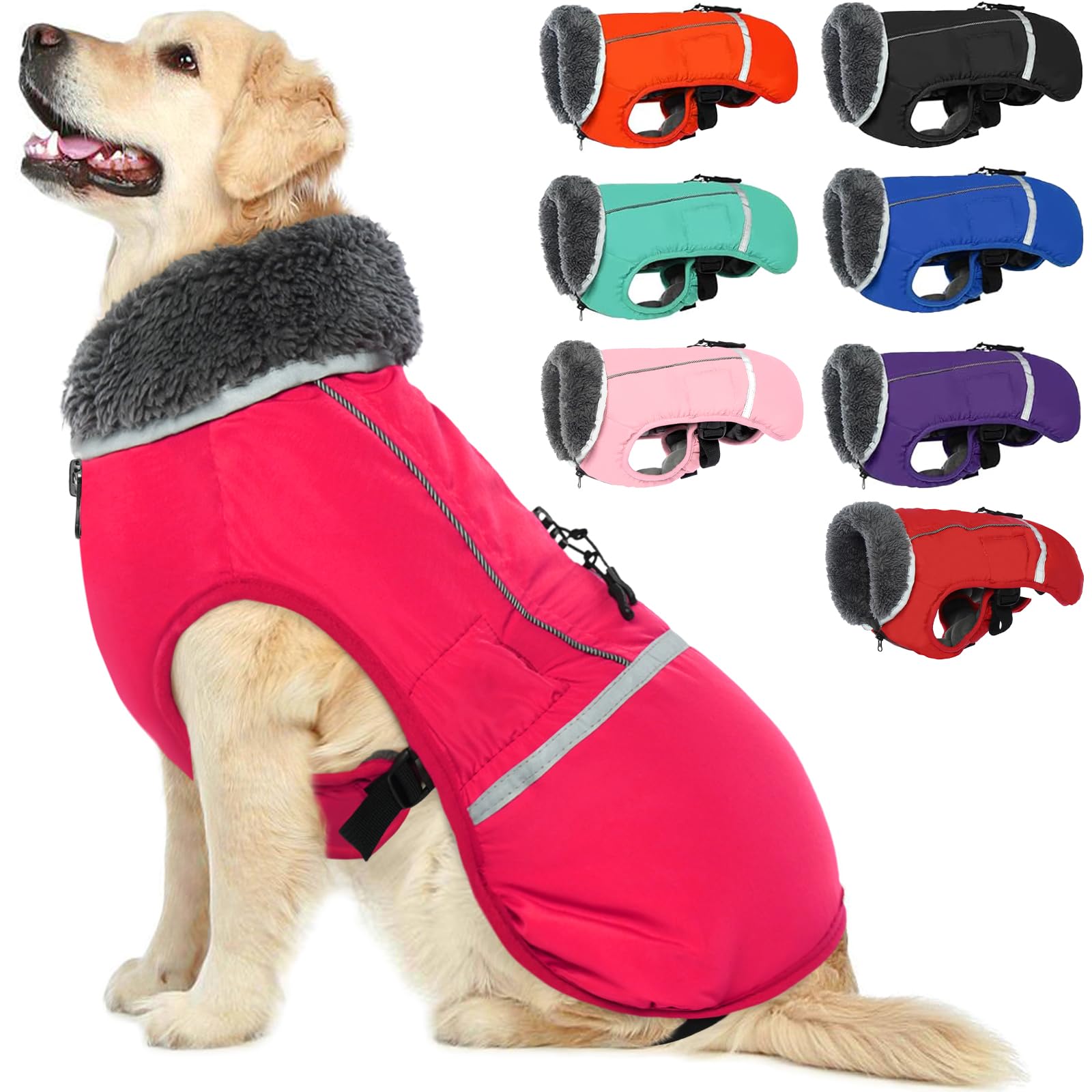 QBLEEV Reflective Waterproof Dog Winter Coat - Fleece-Lined Warm Dog Jacket with Turtleneck for Small, Medium & Large Dogs - Cold Weather Snowsuit for Outdoor Walks & Christmas Pet Apparel