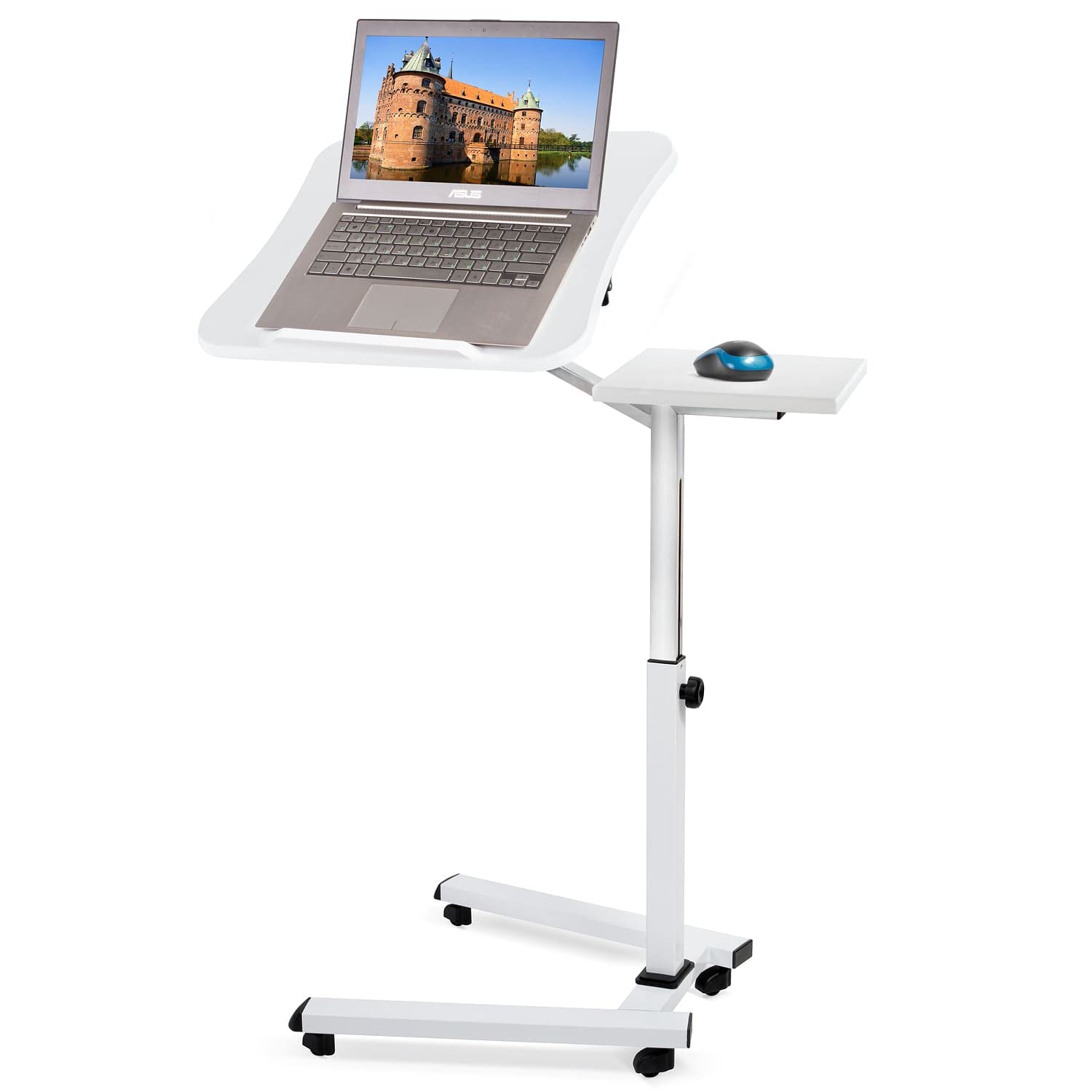 Tatkraft Portable Laptop Desk with Mouse Pad - Adjustable Height Rolling Computer Stand, Ergonomic & Sturdy Workstation for Office, Home, Gaming - White