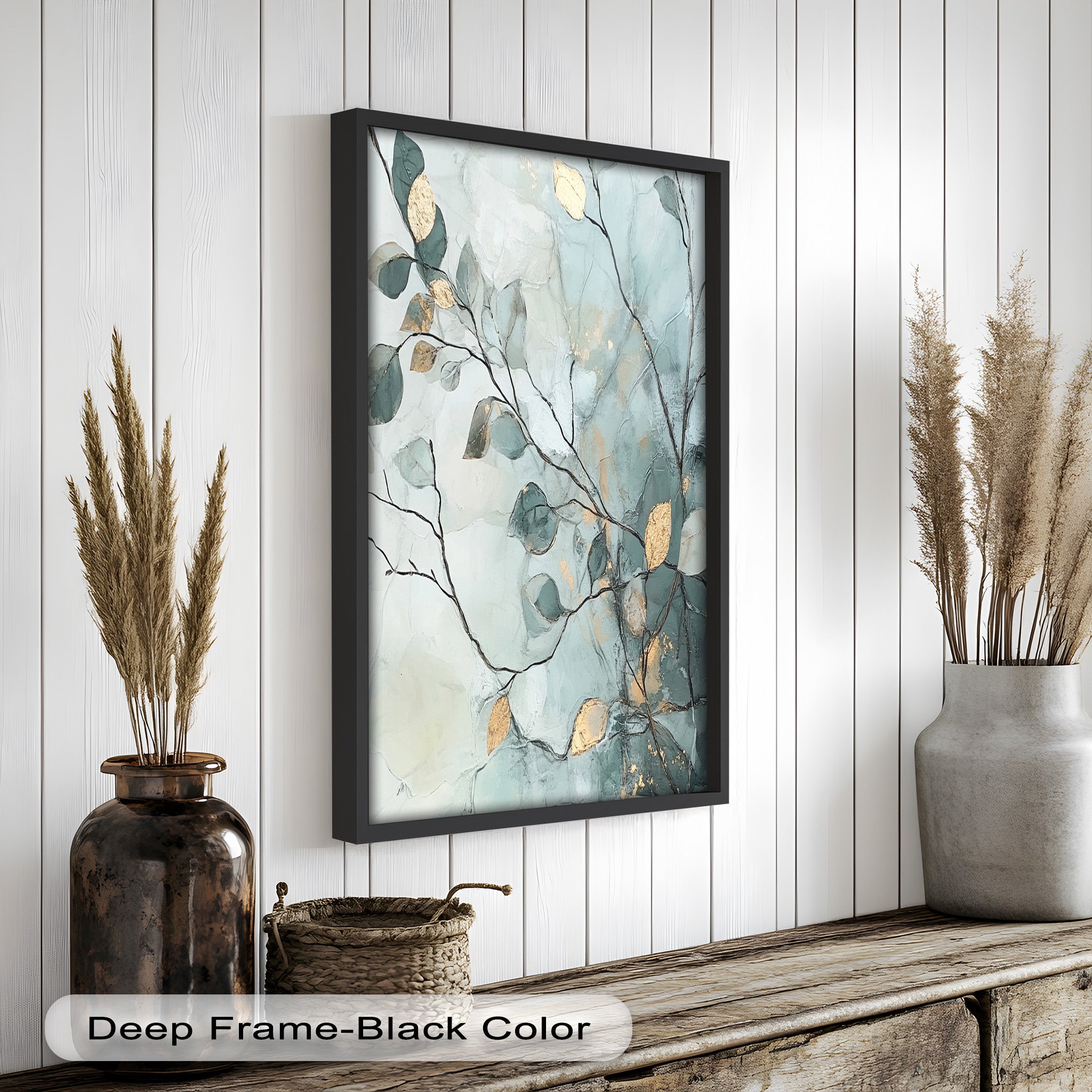 Blue and Metallic Leaf Branch Abstract Oil Painting - Handmade Canvas Wall Art for Living Room, Bedroom & Office Decor