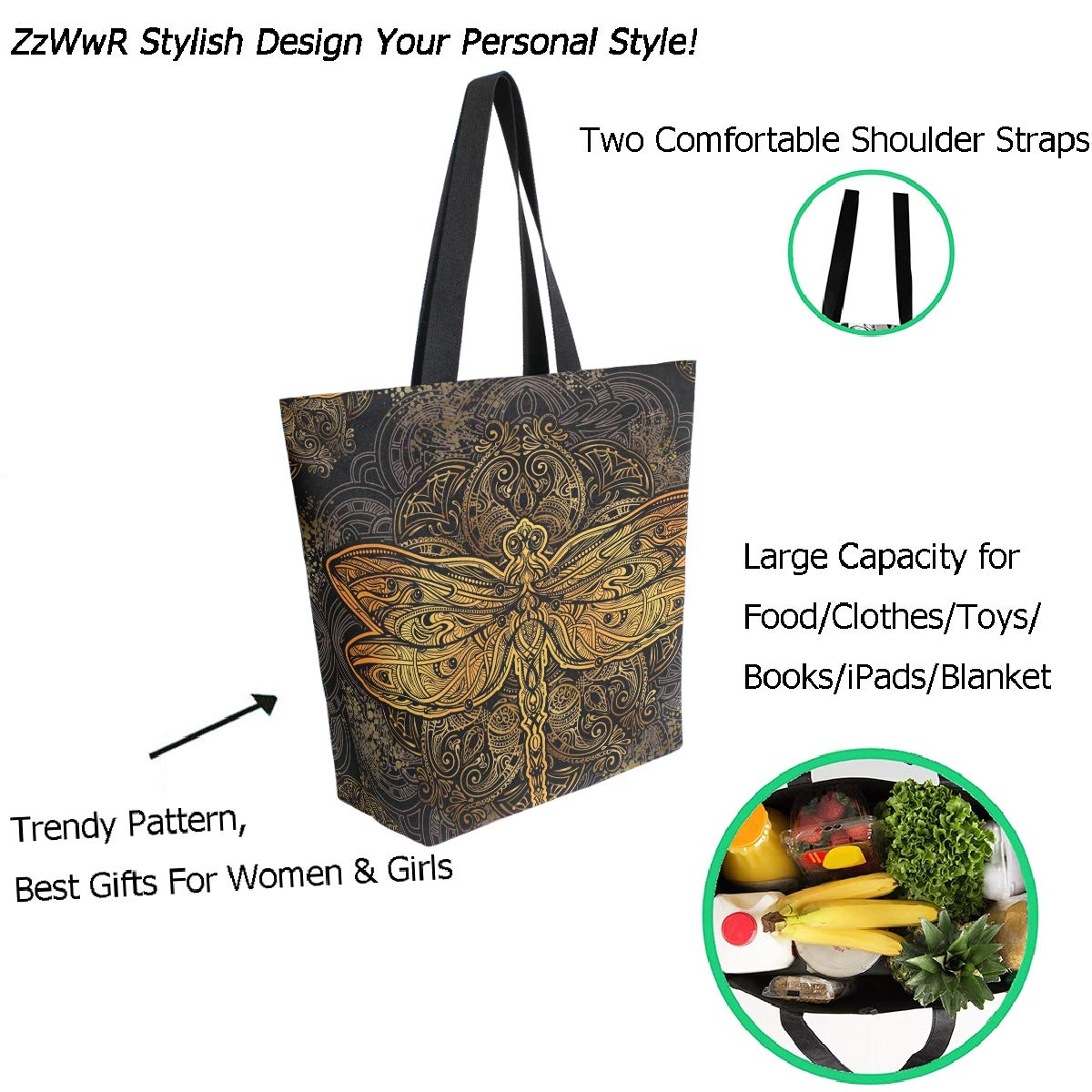 Stylish Print Extra Large Shoulder Tote Bag for Women - Beach Travel, Weekender, Gym, Grocery Shopping - Durable & Spacious Carryall for Work, School, Vacation & Everyday Use