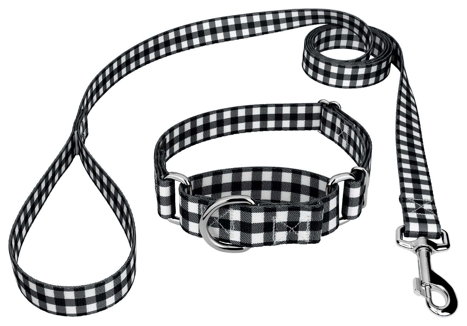 Country Brook Petz - Black & White Buffalo Plaid Martingale Dog Collar & Leash Set - Adjustable Christmas Pet Accessories for Small Dogs (1/2