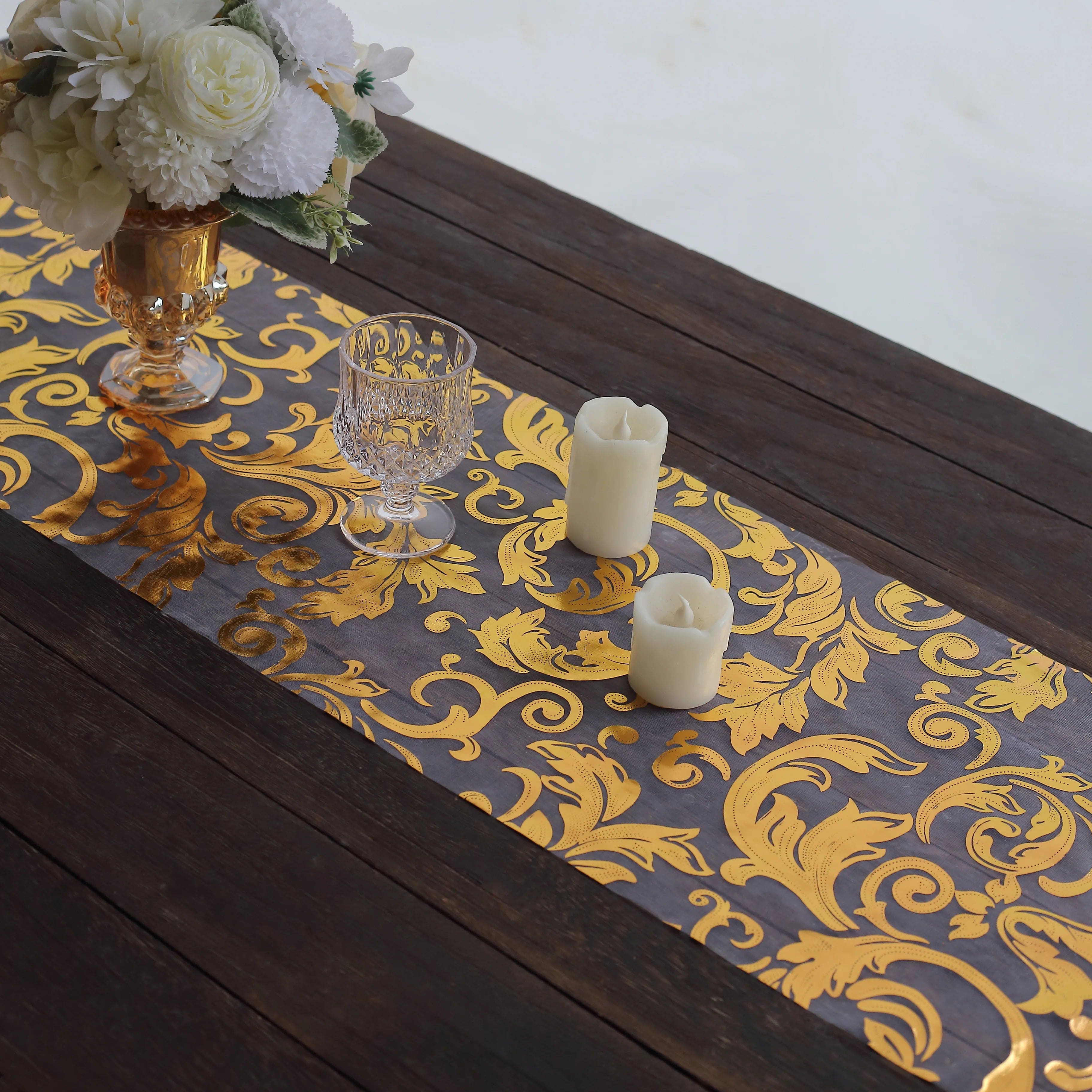 12-Pack 108-Inch Metallic Sheer Organza Table Runners with Elegant Swirl Floral Design - Perfect for Weddings, Parties, and Holiday Decorations