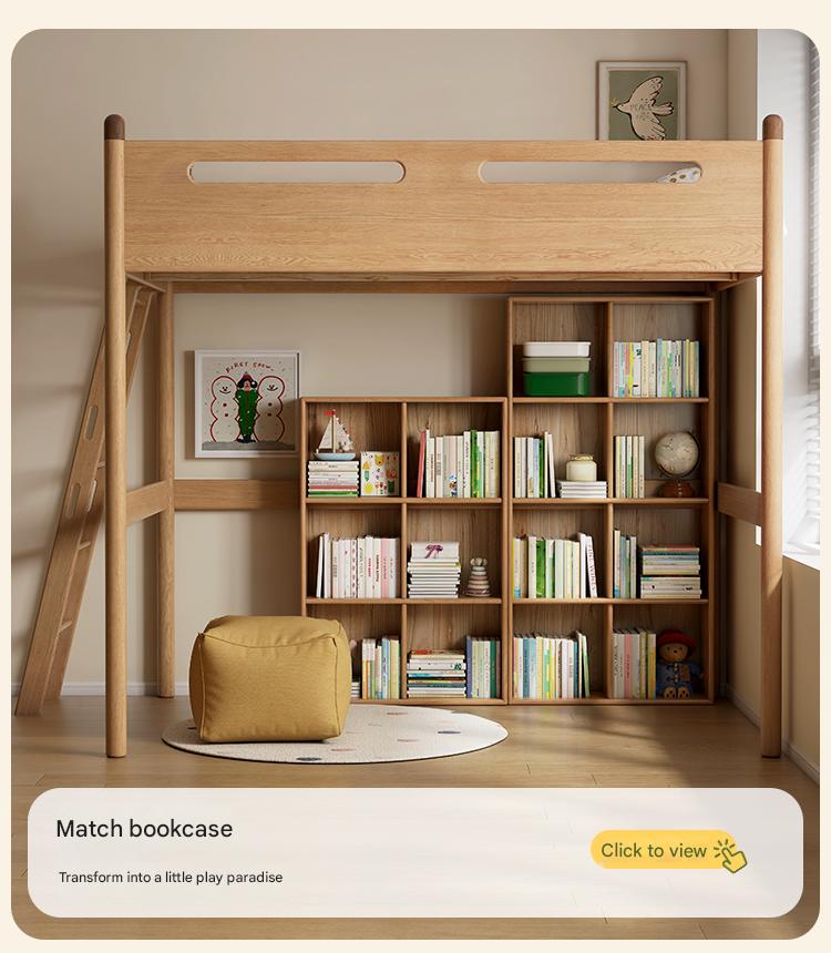 Solid Oak Wood Loft Bed with Storage Cabinet - Space-Saving Furniture for Small Rooms, Kids Bedroom & Dormitory