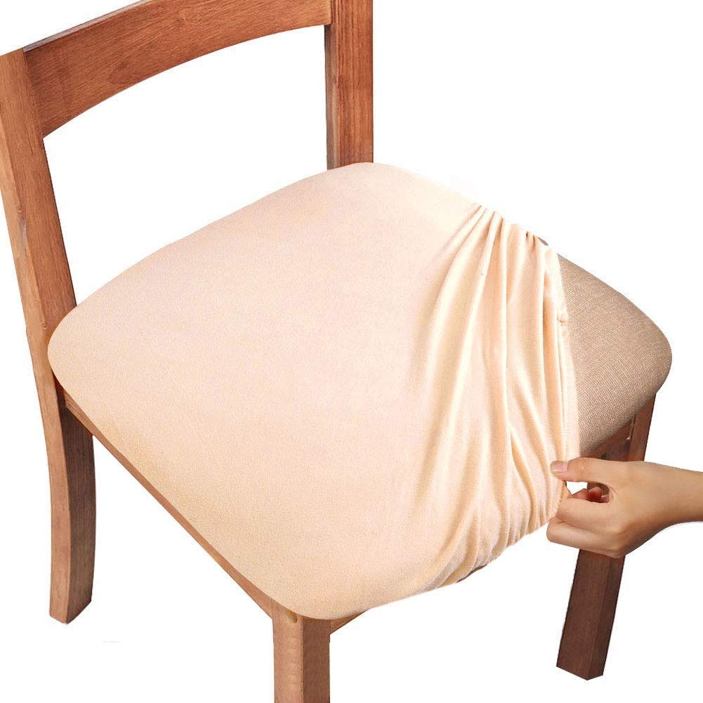 Stretch Solid Dining Room Chair Seat Covers with Ties - 4 Pack Beige Kitchen Chair Protectors for Home, Restaurant & Office Use