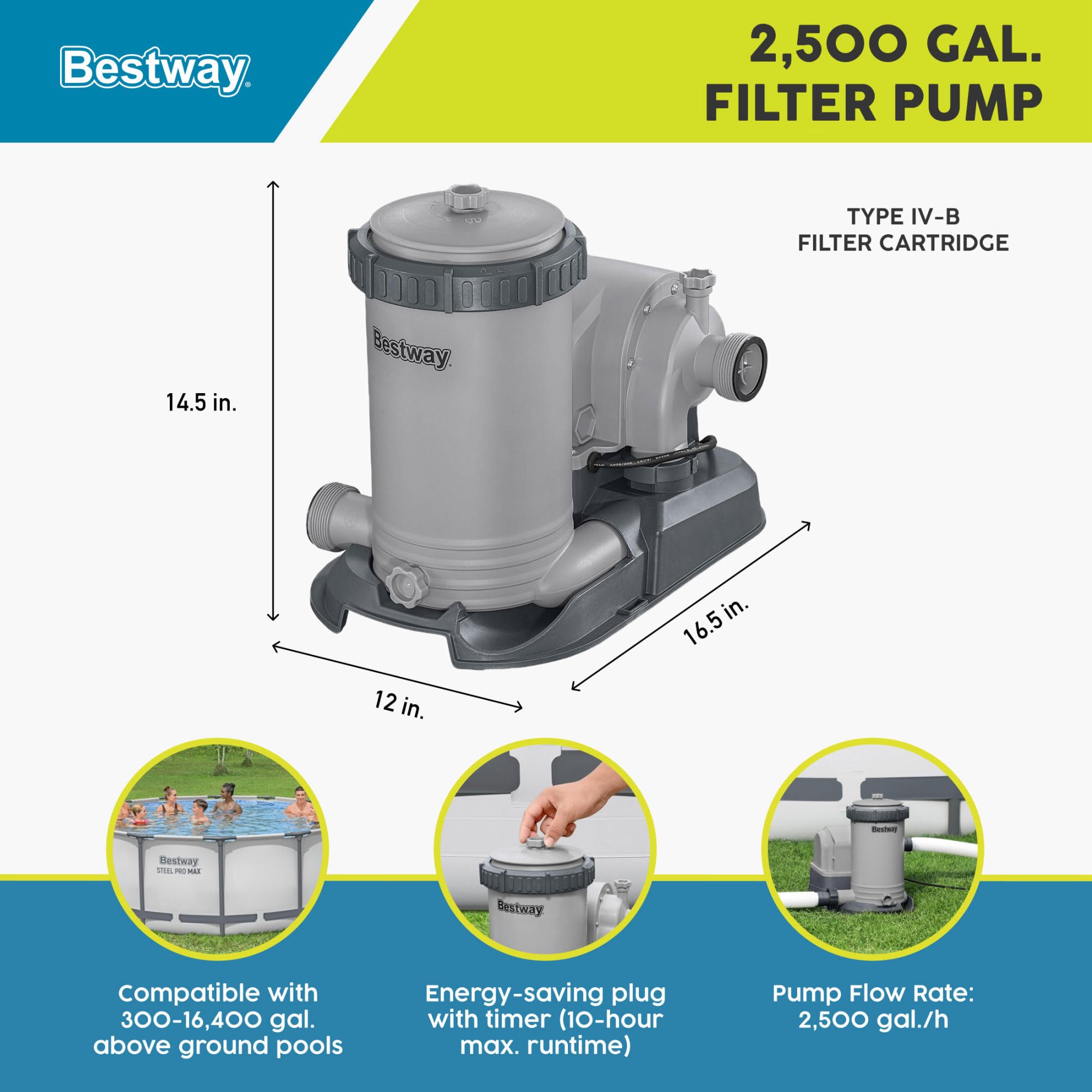 Bestway 2500 GPH Above Ground Pool Filter Pump with Timer - Compatible with 300 to 16,400 Gallon Swimming Pools - Includes Filter Cartridge & Adapter Set - Perfect for Backyard Pool Maintenance & Water Circulation