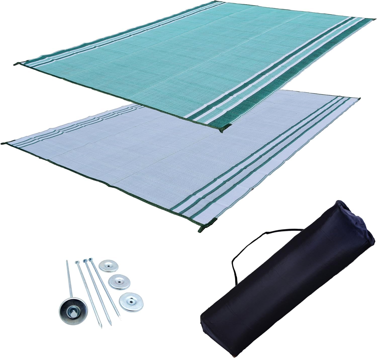 EZ Travel RV Patio Mat - Reversible Outdoor Tent & Grass Mat with Carry Bag & Stakes (9'x18', Green Stripe) - Perfect for Camping, Picnics & RV Outdoor Living