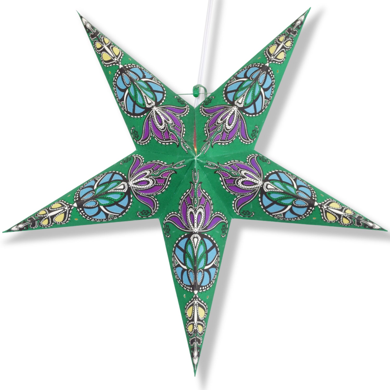3 Pack Green Neptune Illuminated Paper Star Lanterns with LED Bulbs & Lamp Cord - Hanging Decor for Bedroom, Party, Wedding, and Outdoor Lighting