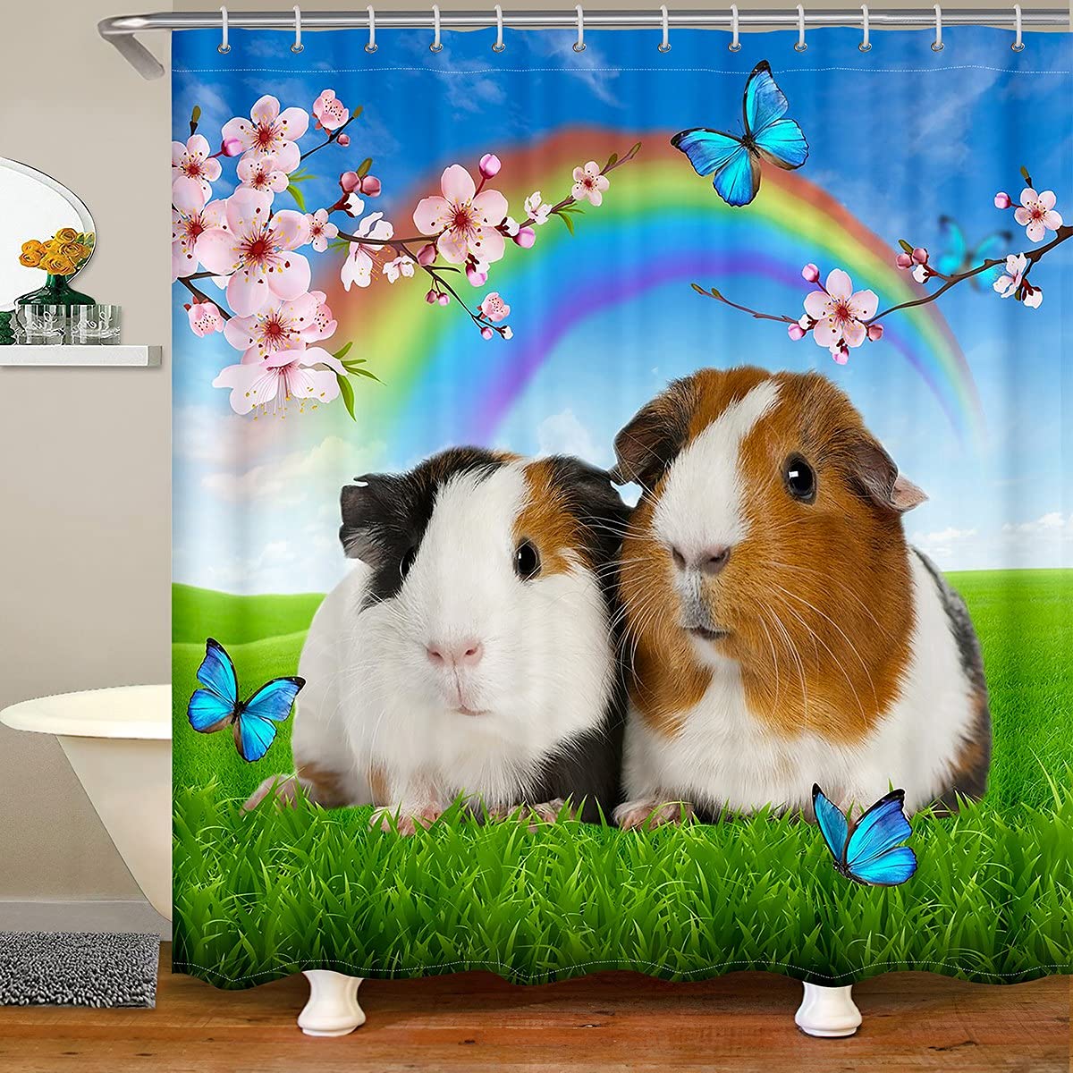 Adorable Hamster Shower Curtain for Kids - Peach Blossom Animal & Flower Design with Hooks - 72x78 Inch Polyester Bathroom Set for Boys & Girls - Perfect for Kids' Bathrooms, Nursery Decor, and Playful Teen Spaces