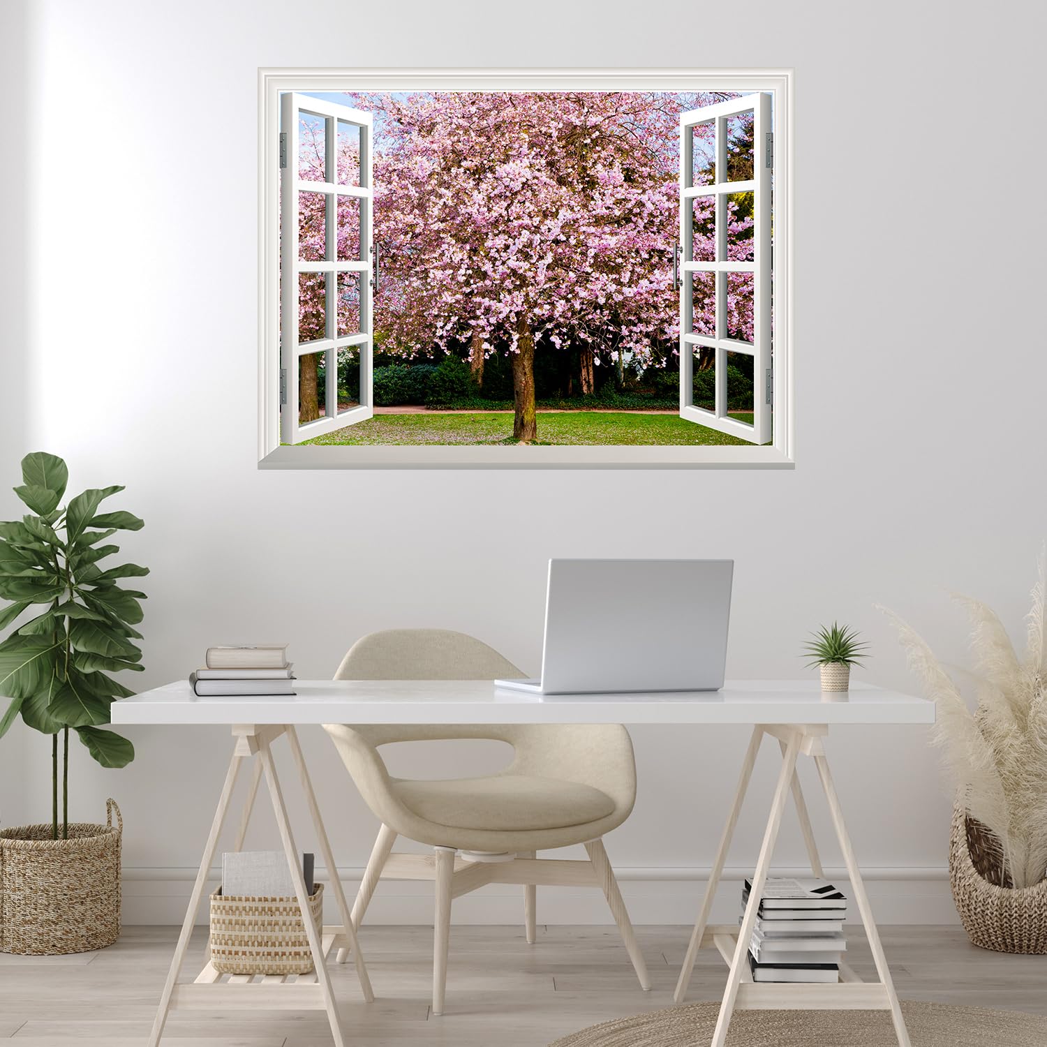 Wall26 Removable Wall Sticker & Mural - Cherry Blossom Sakura Flowers Blooming Window View | 24x32 Inch Peel & Stick Wall Decor for Bedroom, Nursery, Living Room, Office