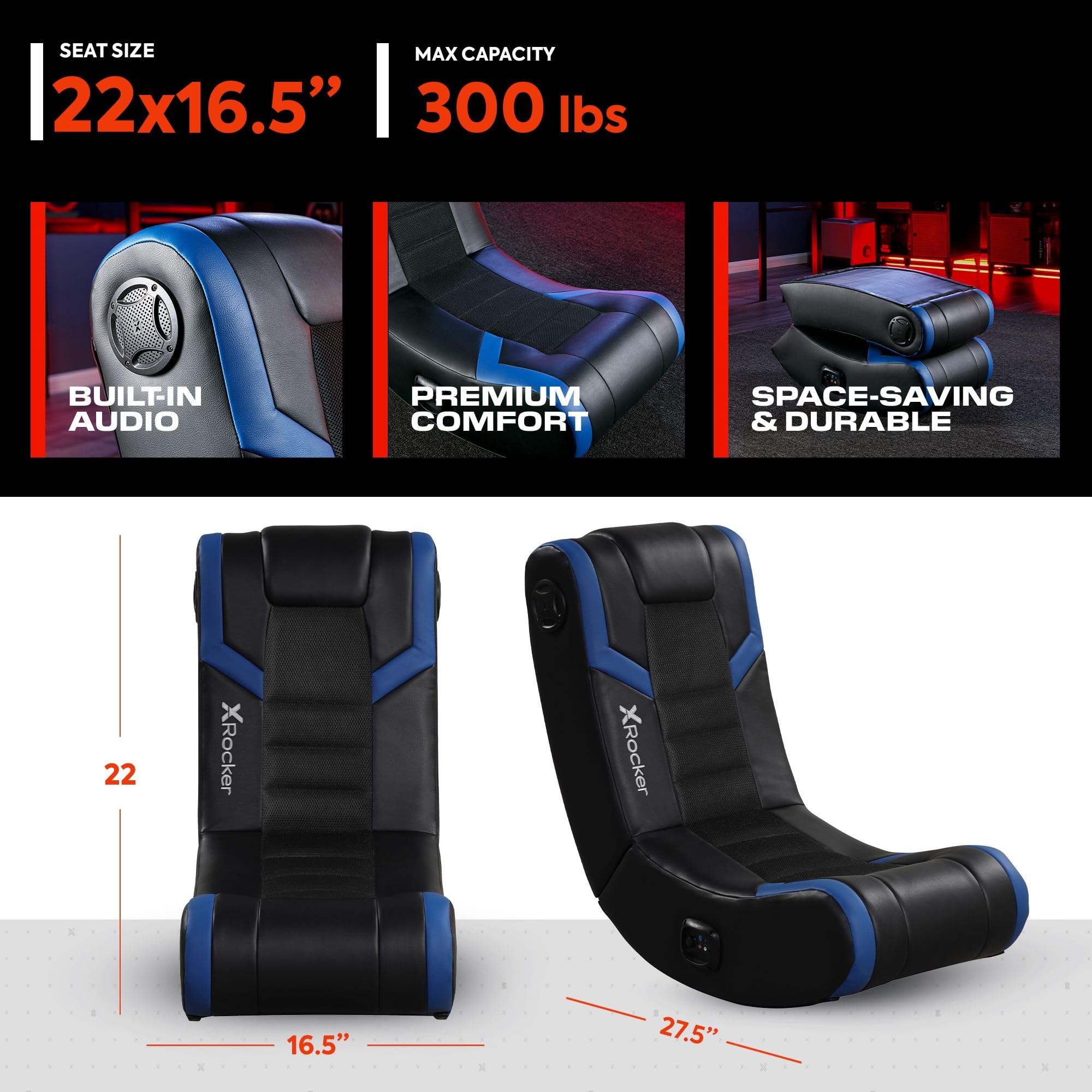 X Rocker Video Gaming Floor Rocker Chair with Built-in Audio Speakers - Foldable Ergonomic Design for Bedroom, Game Room or Living Room - Perfect Gift for Gamers, Boys, Girls & Teens Ages 5-17 - Great for Gaming, Movie Nights & Relaxation