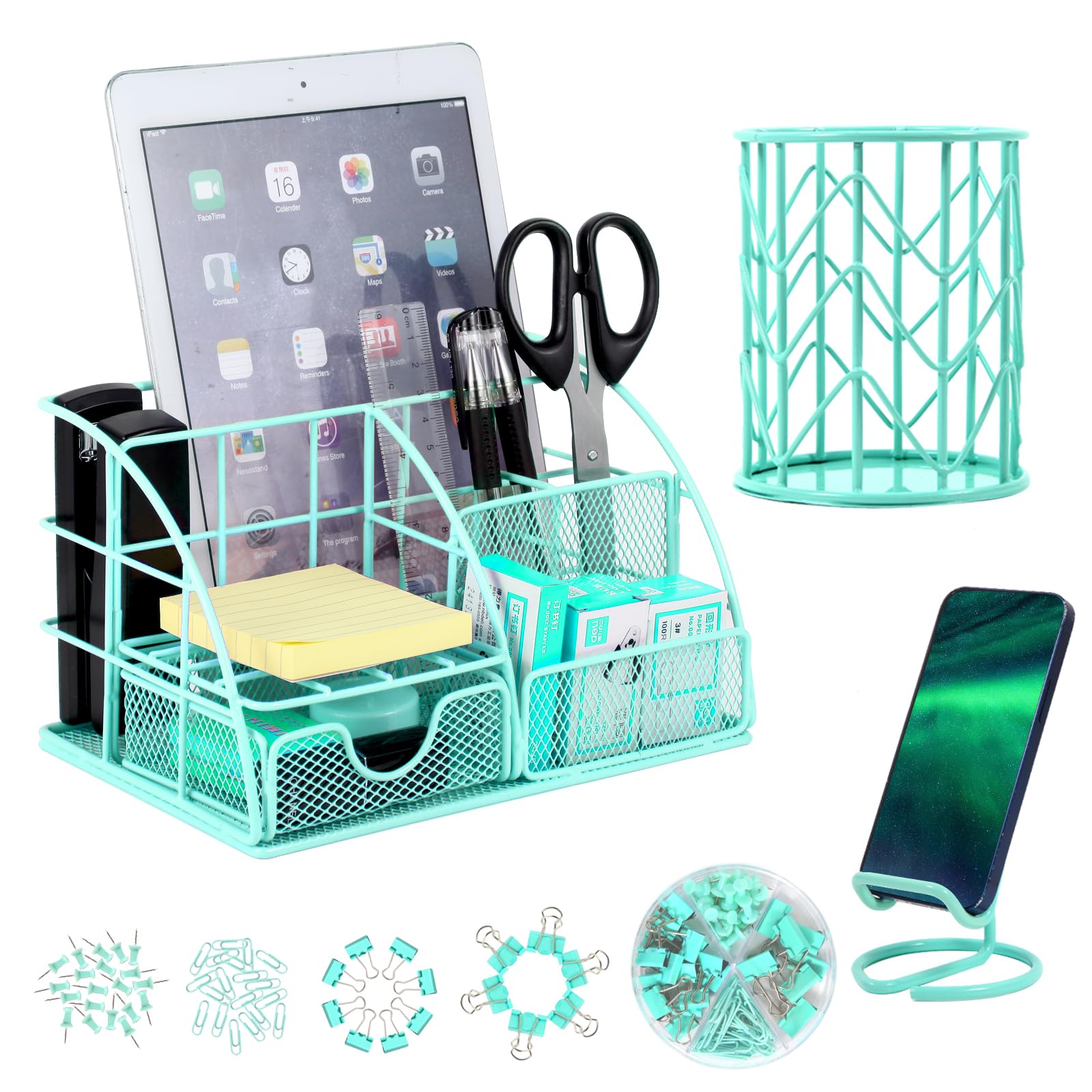 JUOPIEA Metal Mesh Desk Organizer with Pen Holder, 72 Clips Set & Phone Stand - Office Supplies Desktop Organizer with Drawer for Home, Office, School | Perfect for Workspace Organization & Study Accessories